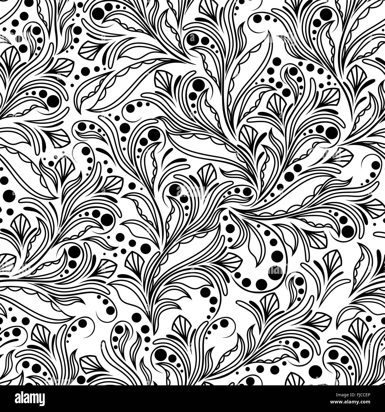 Black and white seamless pattern with doodle herbal elements, hand ...