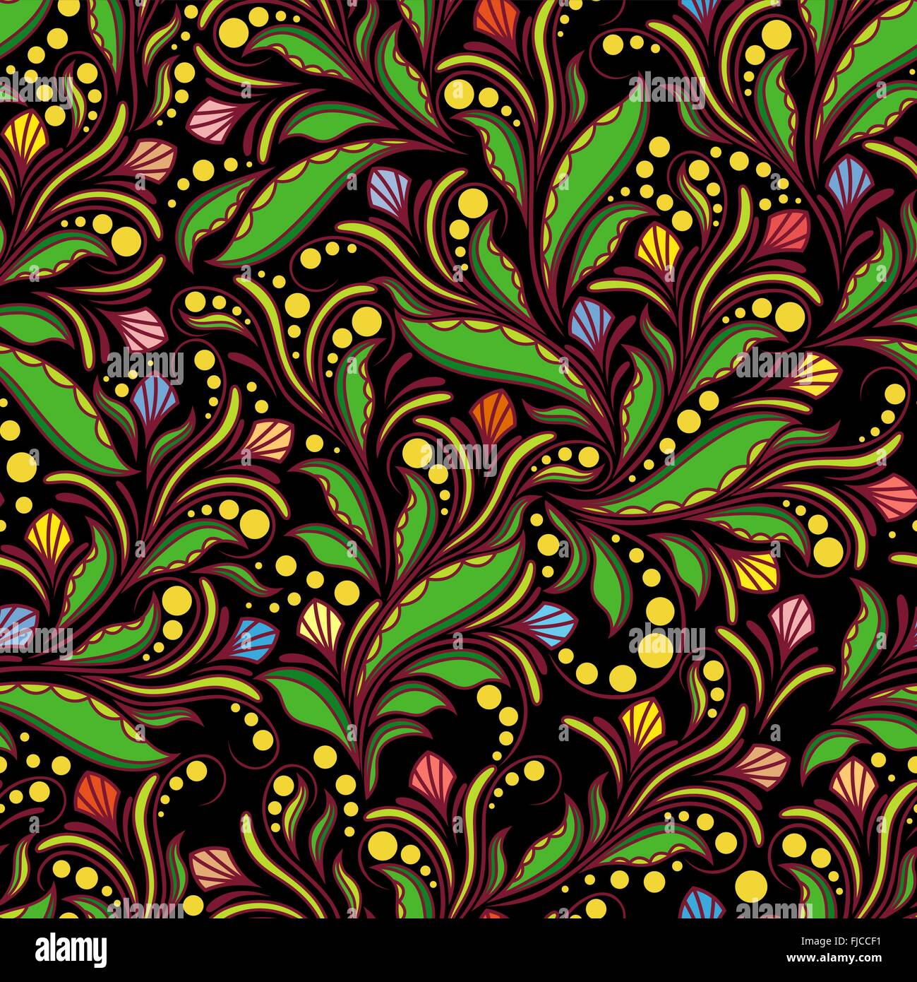 Seamless colourful pattern with doodle herbal elements on a black ...