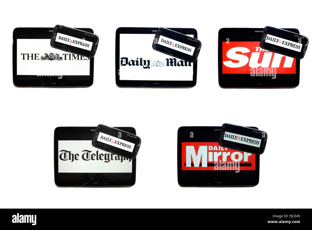 The Daily Express newspaper logo on smartphone screens surrounded by tablets displaying the logos of rival newspapers. Stock Photo
