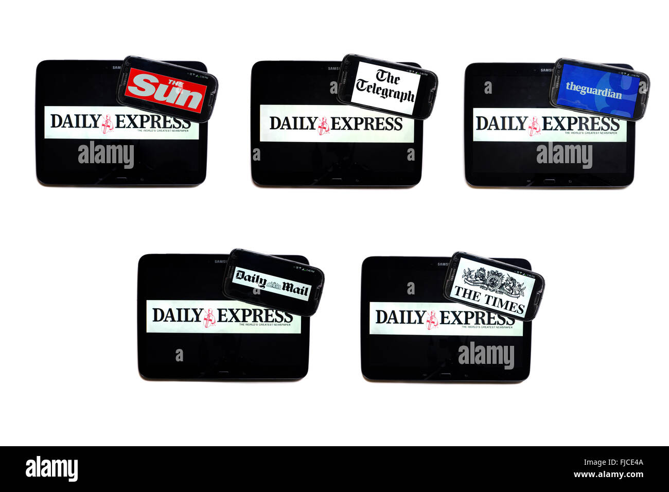 The Daily Express newspaper logo on tablet screens surrounded by smartphones displaying the logos of rival newspapers. Stock Photo