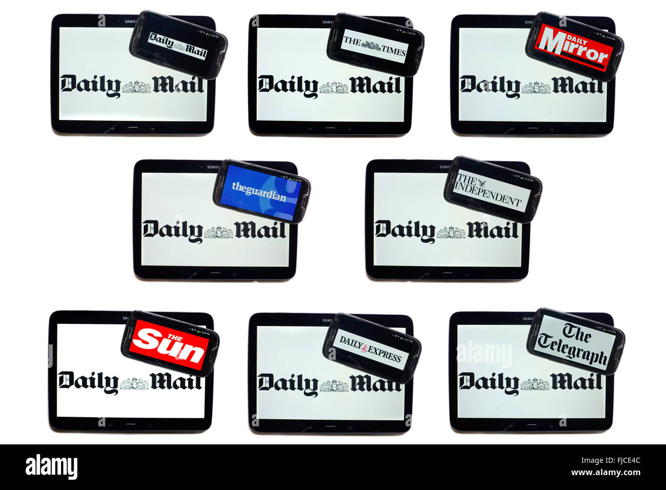 The Daily Mail newspaper logo on tablet screens surrounded by smartphones displaying the logos of rival newspapers. Stock Photo