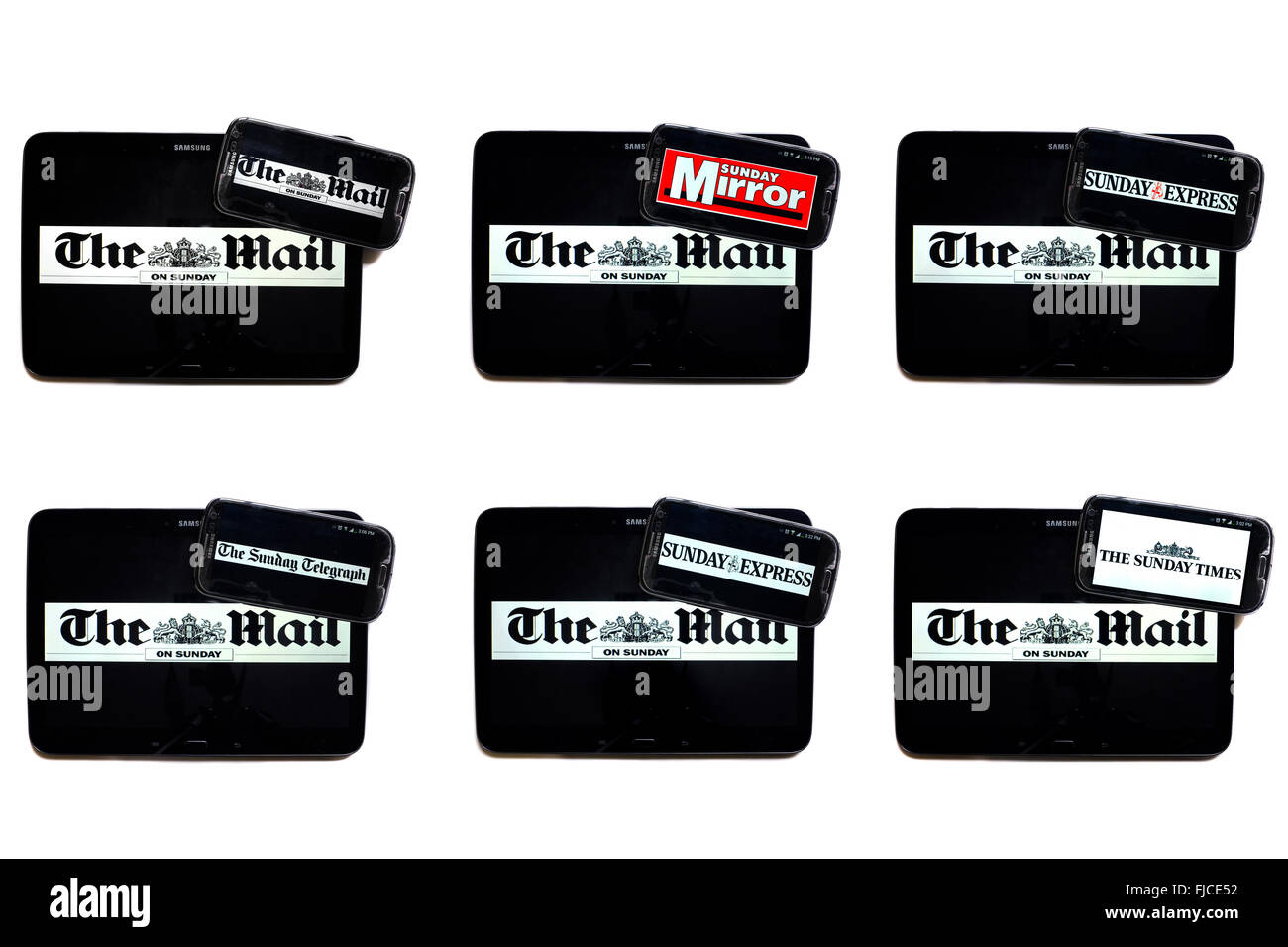The Mail on Sunday newspaper logo on tablet screens surrounded by smartphones displaying the logos of rival Sunday newspapers. Stock Photo