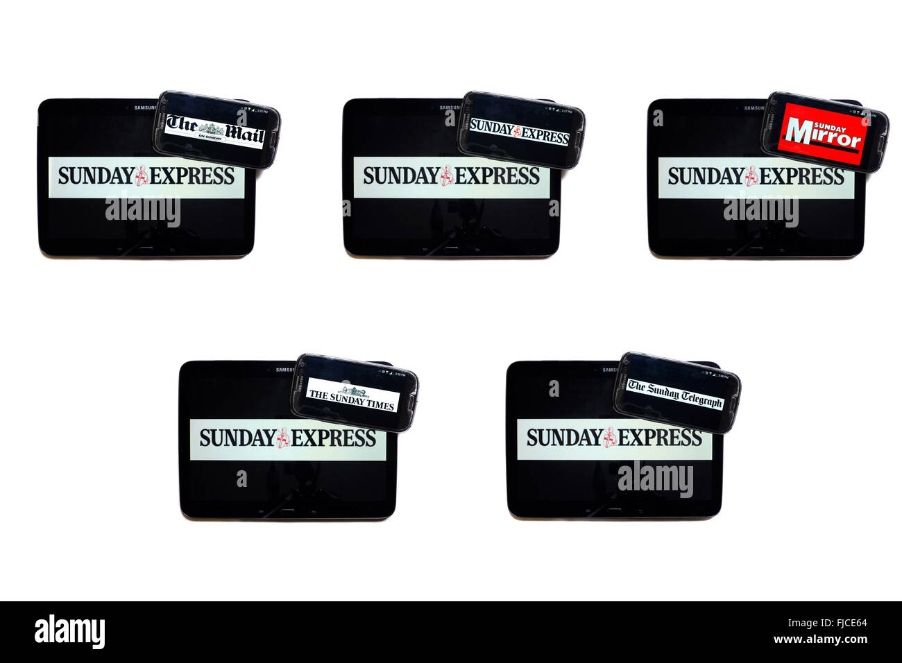 The Sunday Express newspaper logo on tablet screens surrounded by smartphones displaying the logos of rival Sunday newspapers. Stock Photo