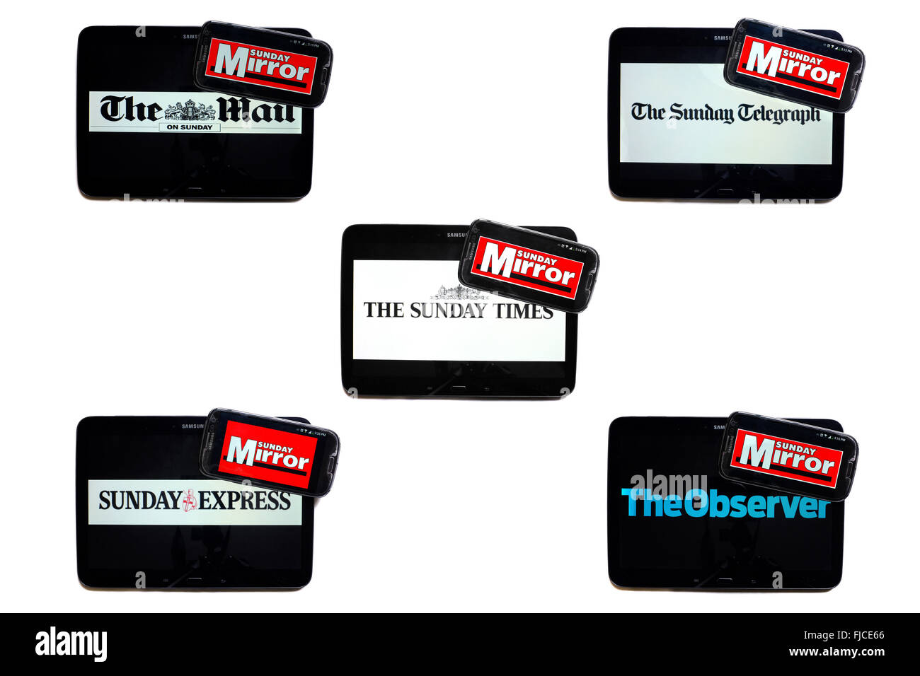 The Sunday Mirror newspaper logo on smartphone screens surrounded by tablets displaying the logos of rival Sunday newspapers. Stock Photo
