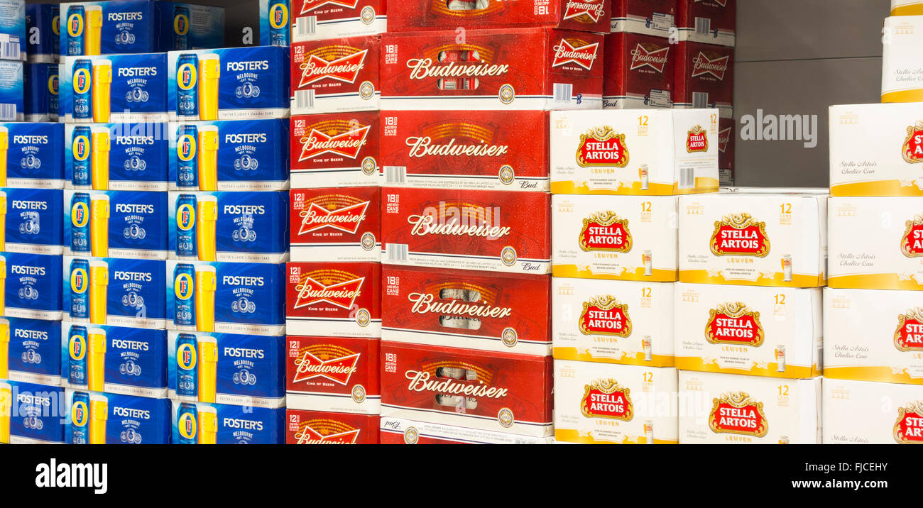 Cases of beer in supermarket. UK Stock Photo