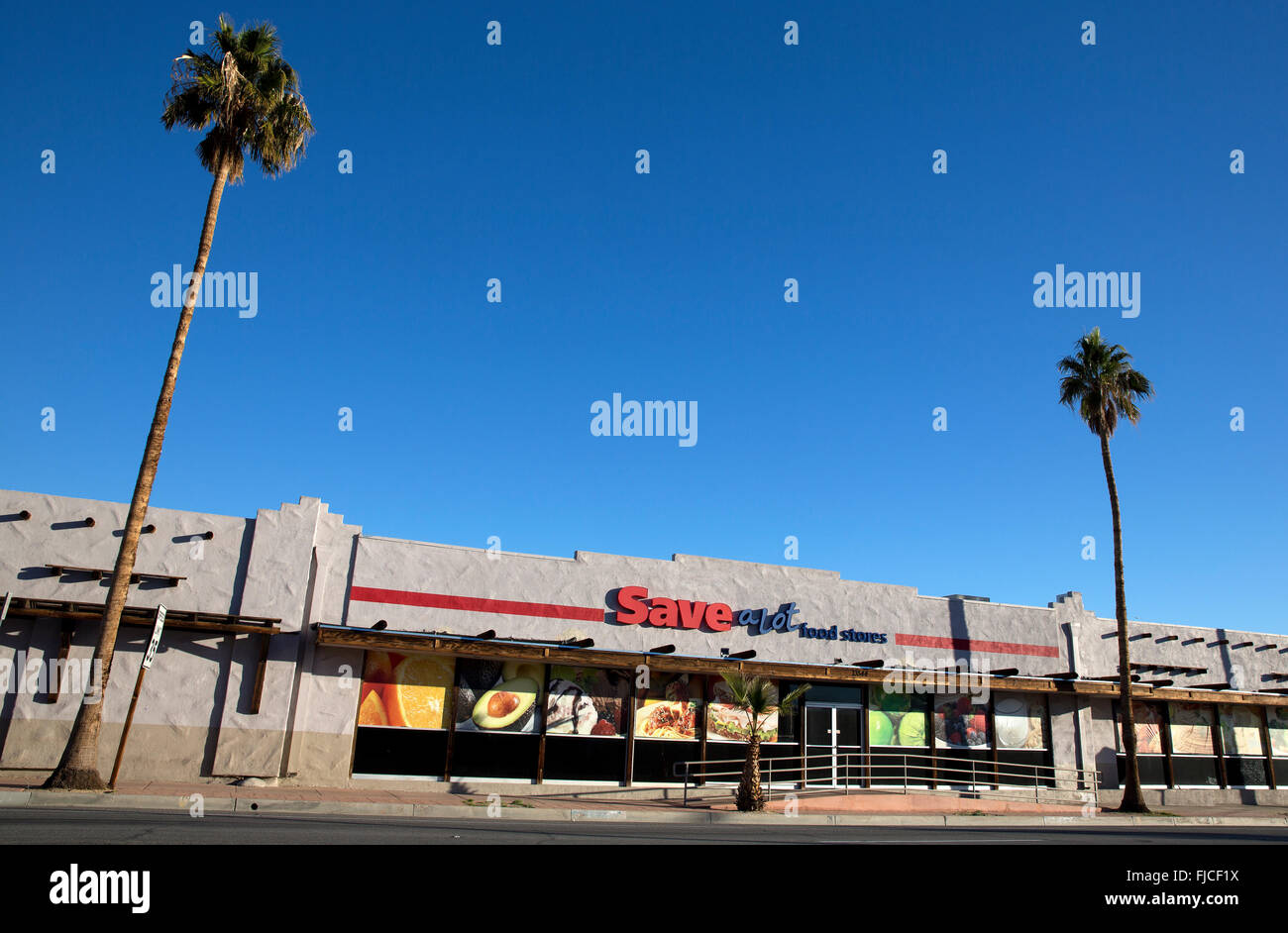 storefront palm trees, Twenty Nine Palms, California, USA Stock Photo