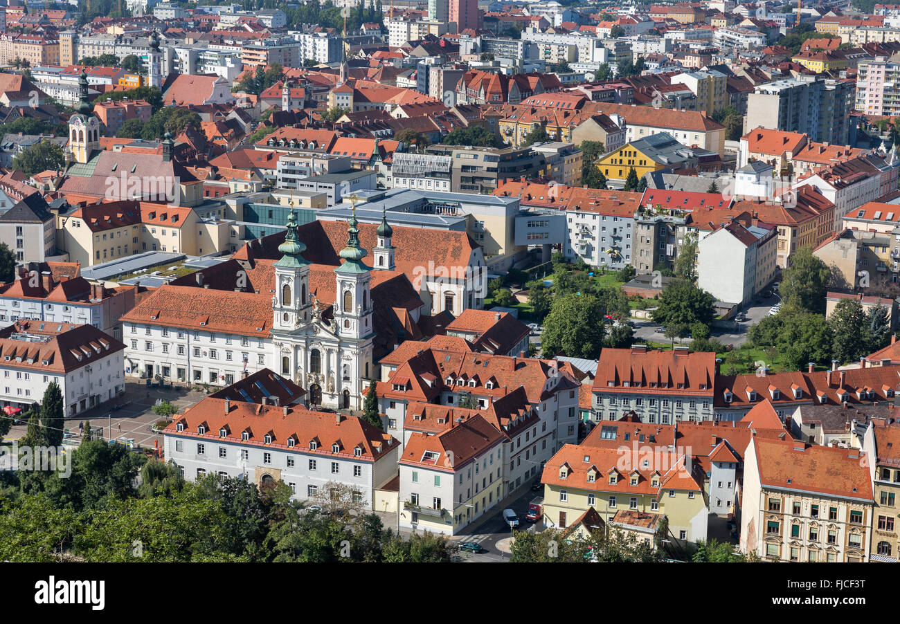Graz downtown autumn aerial cityscape with Mariahilferkirche Church ...