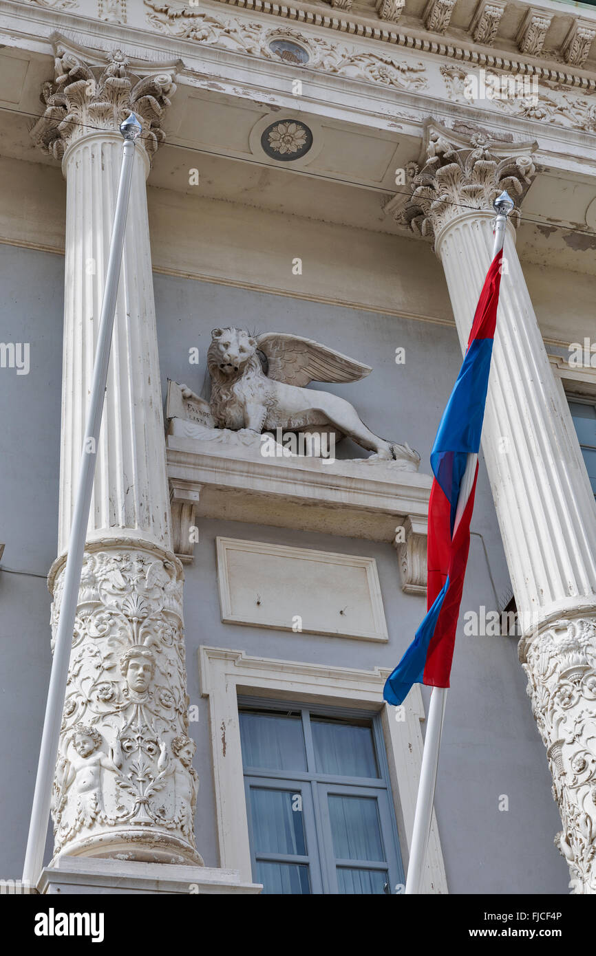 Piran Town Hall building facade with city flag in Slovenia Stock Photo