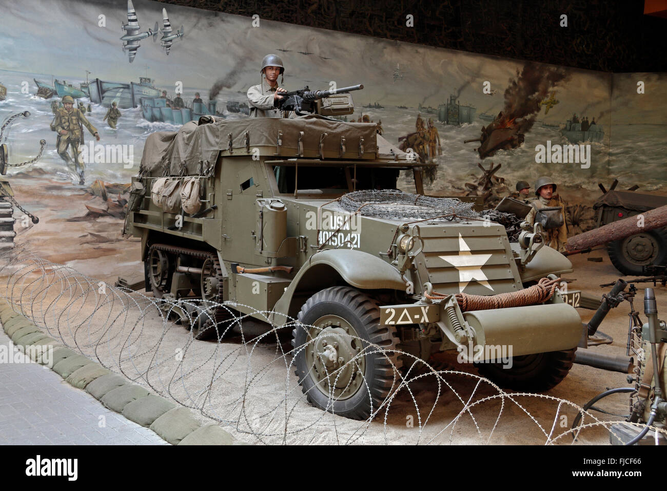 An American White M3A1 half-track vehicle in the Overloon War Museum in Overloon, Netherlands. Stock Photo