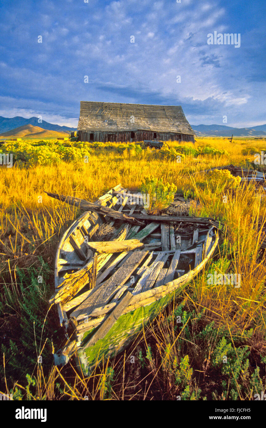 Old Wooden boat and rustic old wooden barn in golden sage brush and blue sky. Camas Prairie, near Fairfield, Idaho, USA Stock Photo