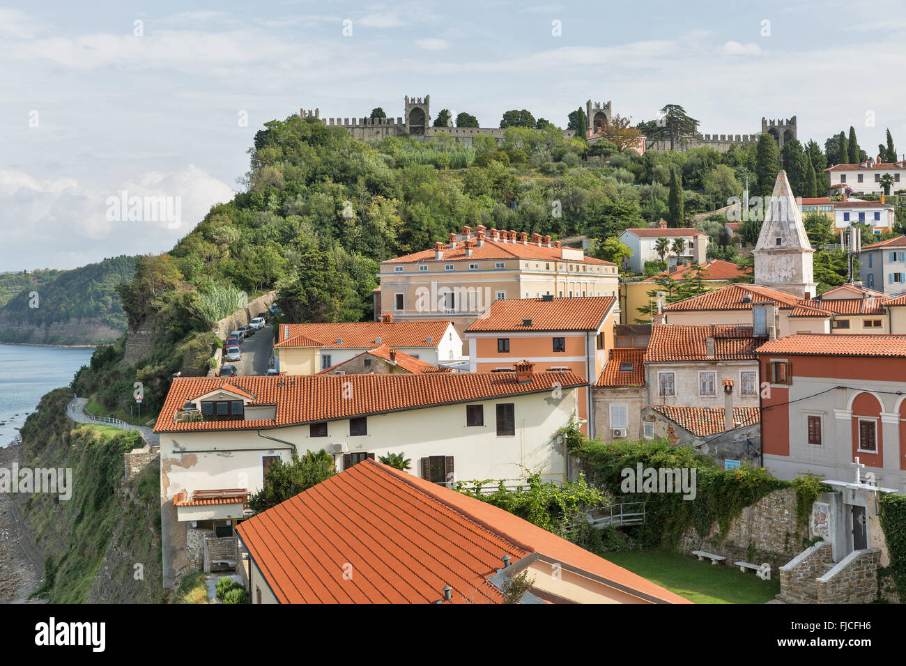 Piran Old Town cityscape with narrow streets and red roof tiles, Slovenia. Stock Photo