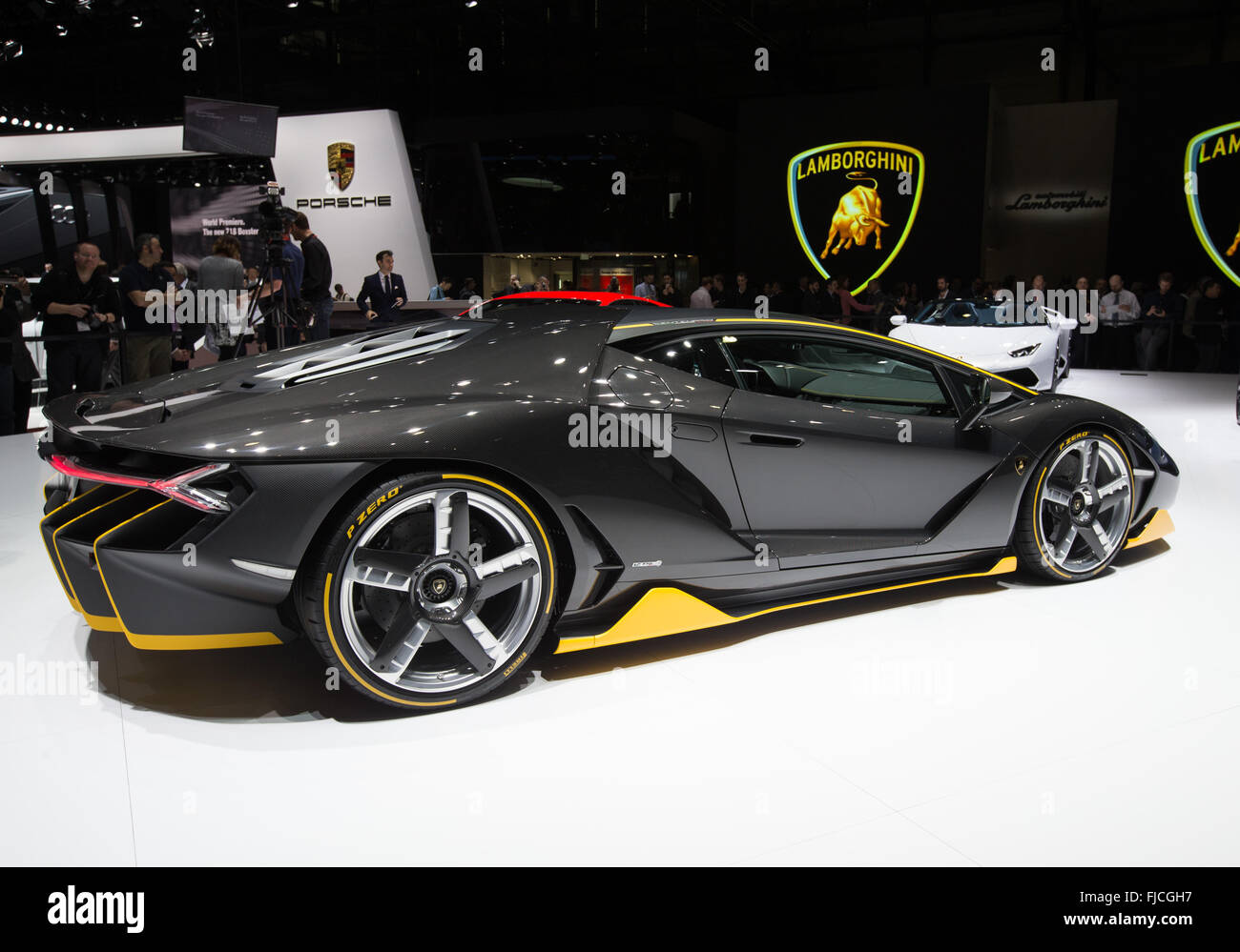 Geneva, Switzerland. 1st Mar, 2016. The new Lamborghini Centenario is seen  at the first press day of the 86th International Motor Show in Geneva,  Switzerland, March 1, 2016. This year's motor show