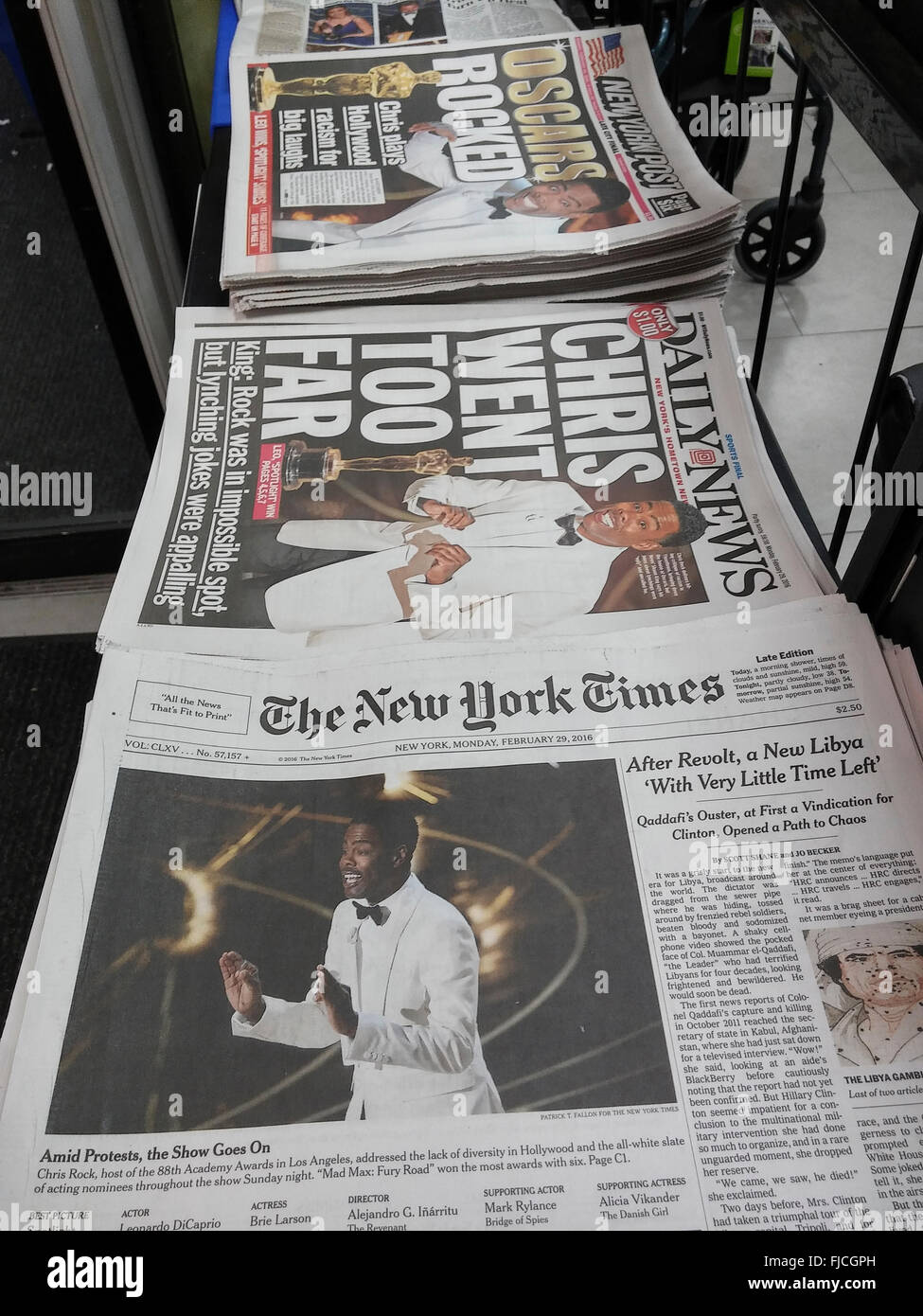 New York newspapers on Monday, February 29, 2016  feature host Chris Rock on their front pages in their coverage of the previous night's Oscar award ceremonies.(© Richard B. Levine) Stock Photo