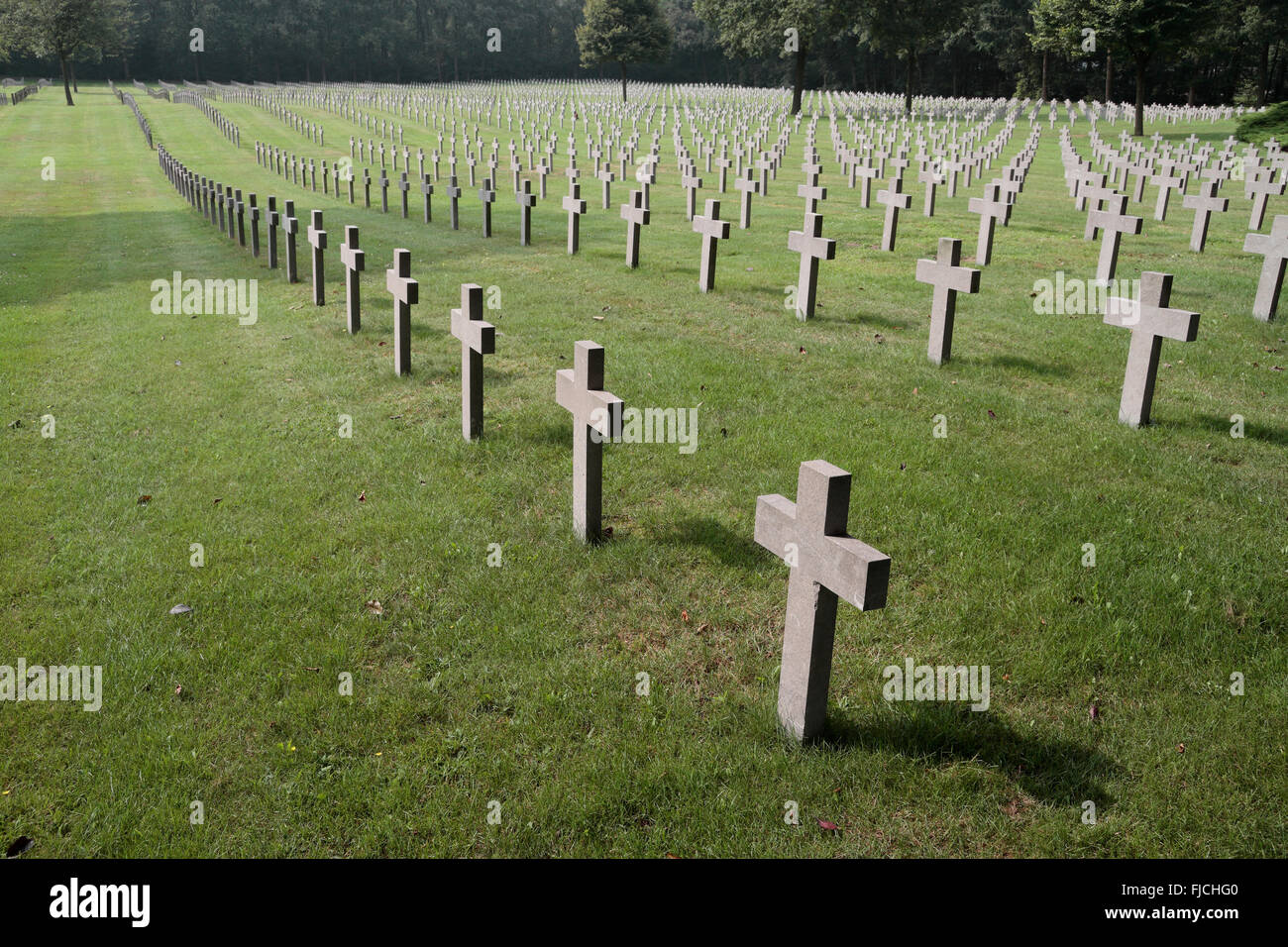 Lines of graves in the Ysselsteyn German war cemetery, Ysselsteyn, Netherlands. Stock Photo