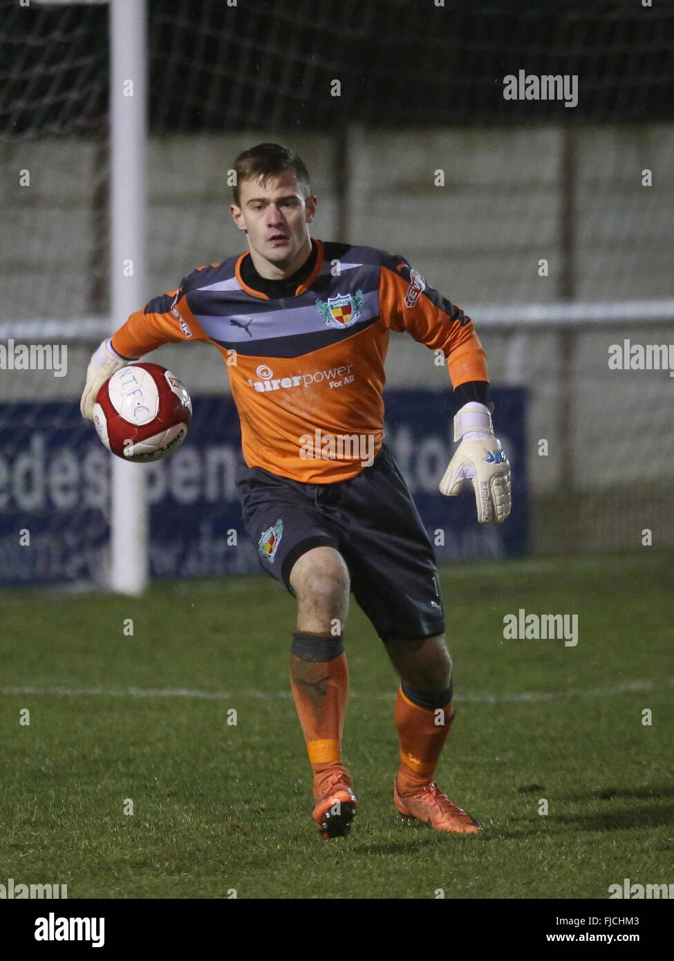 Nantwich, Cheshire, UK. 1st March, 2016. Nantwich Town goalkeeper Krystian Burzynski in action during the Integro Doodson Sports Cup match between Nantwich Town and Bamber Bridge at the Weaver Stadium. Credit:  Simon Newbury/Alamy Live News Stock Photo