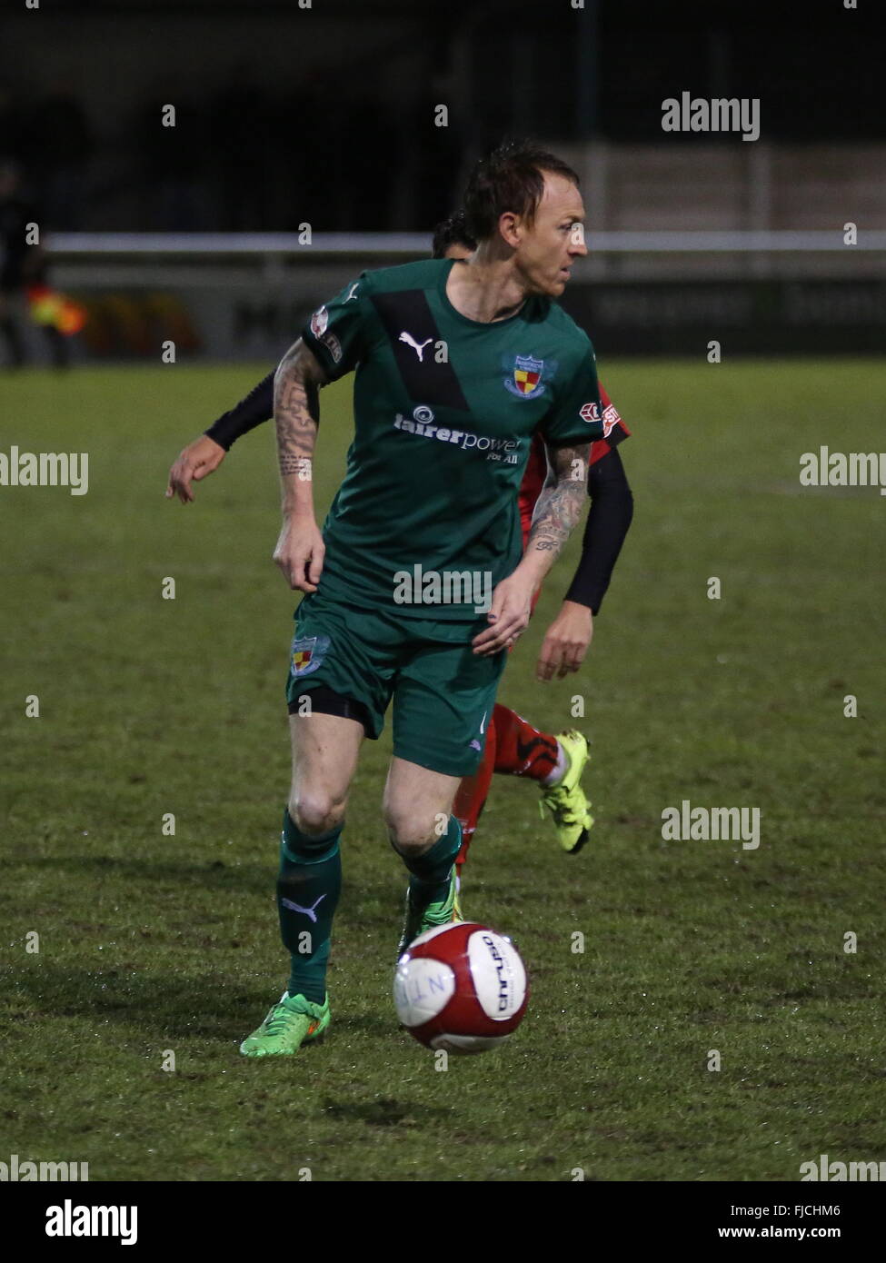 Nantwich, Cheshire, UK. 1st March, 2016. Nantwich Town striker Steve Jones on the ball during the Integro Doodson Sports Cup match between Nantwich Town and Bamber Bridge at the Weaver Stadium. Credit:  Simon Newbury/Alamy Live News Stock Photo