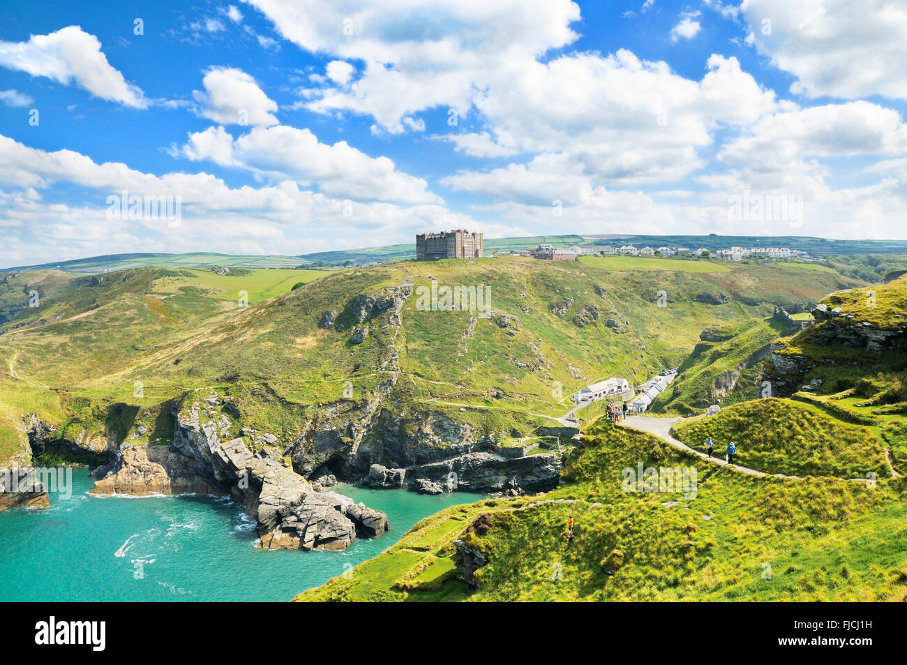 A view from Tintagel Castle towards Camelot Castle Hotel, Cornwall, England, UK Stock Photo