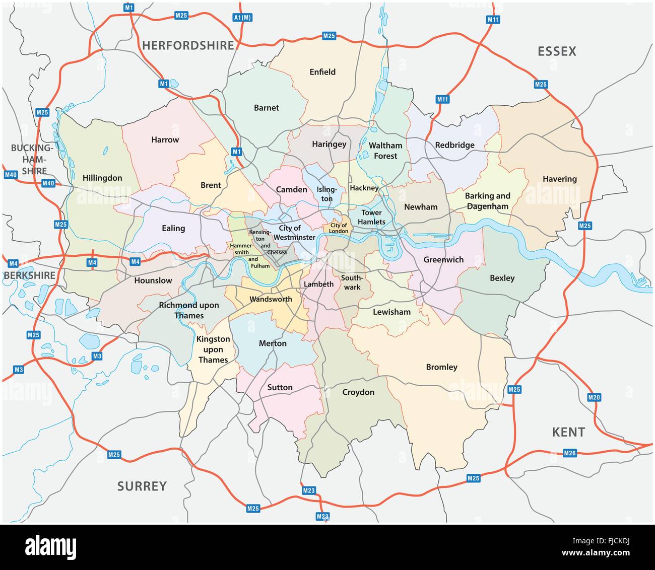 greater london road and administrative map Stock Vector