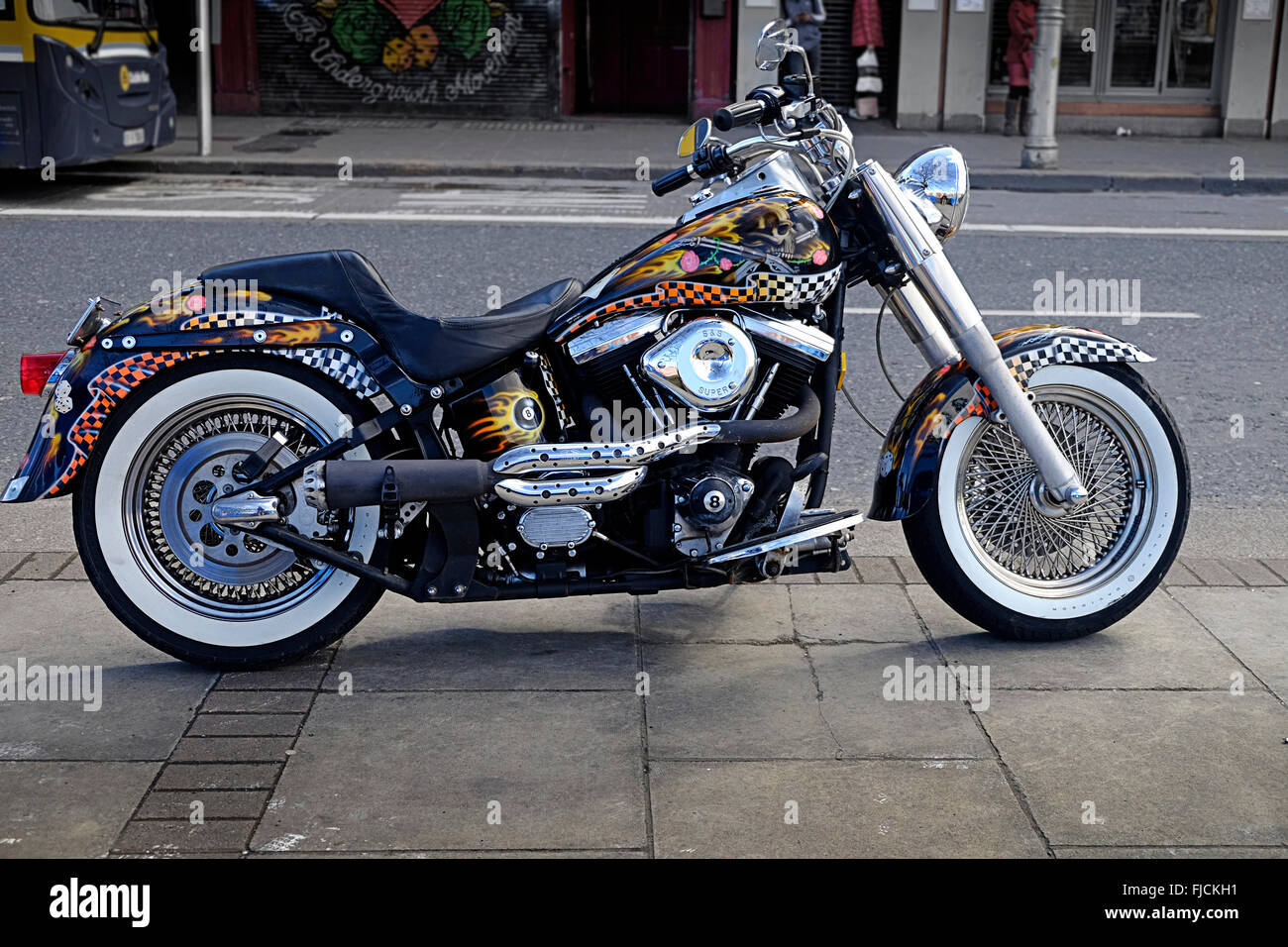 Heavily customised Harley Davidson Motorcycle in Dublin Ireland. Stock Photo