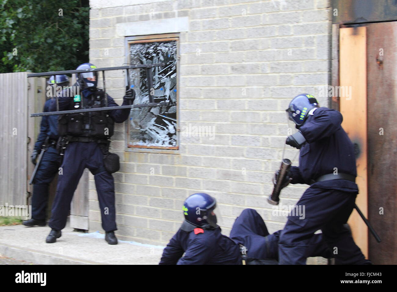 Police Rapid Entry Team Use A Short Ladder Ladder To Smash A