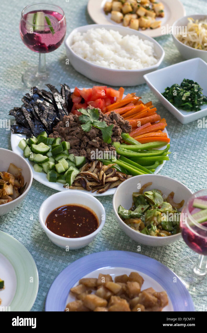 Korean bibimbap dinner with many classic sides Stock Photo Alamy