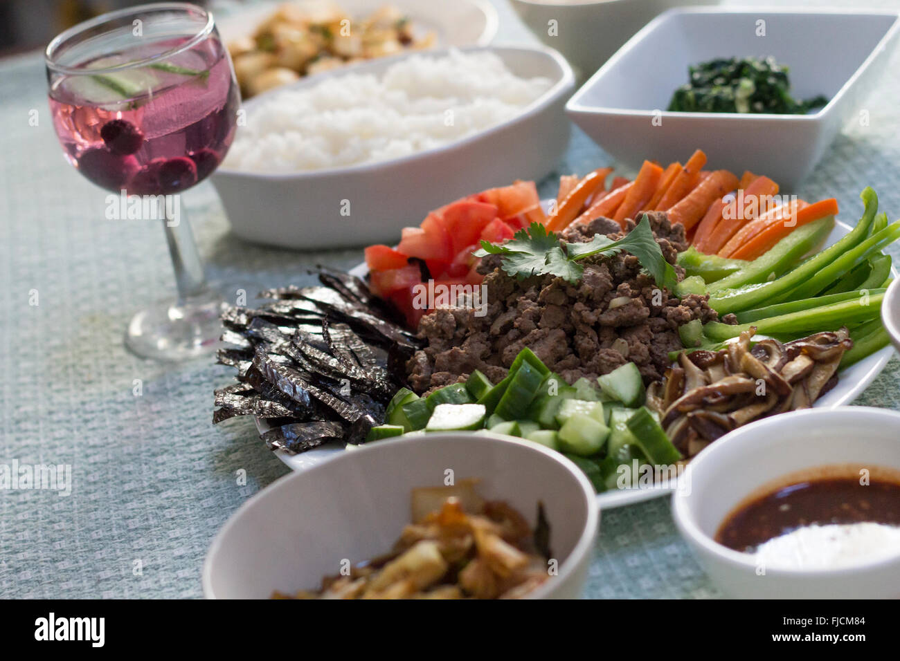 Korean bibimbap dinner with many classic sides Stock Photo