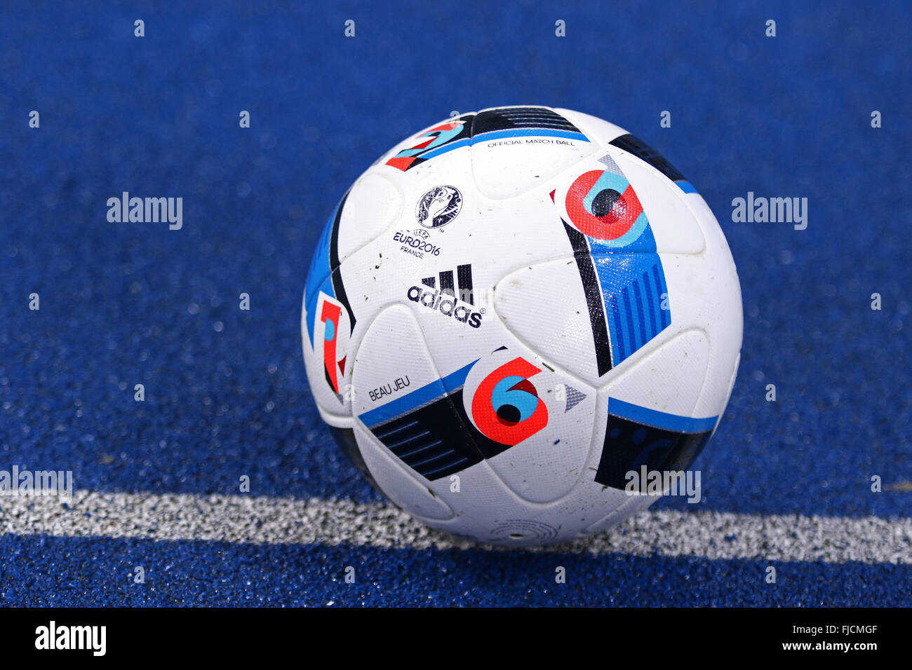 Kyiv, Ukraine. 1st March, 2016. Adidas Beau Jeu - official match ball of  the Euro-2016 on the ground during Ukrainian Cup quarterfinal first leg  game FC Oleksandria vs FC Dynamo Kyiv at