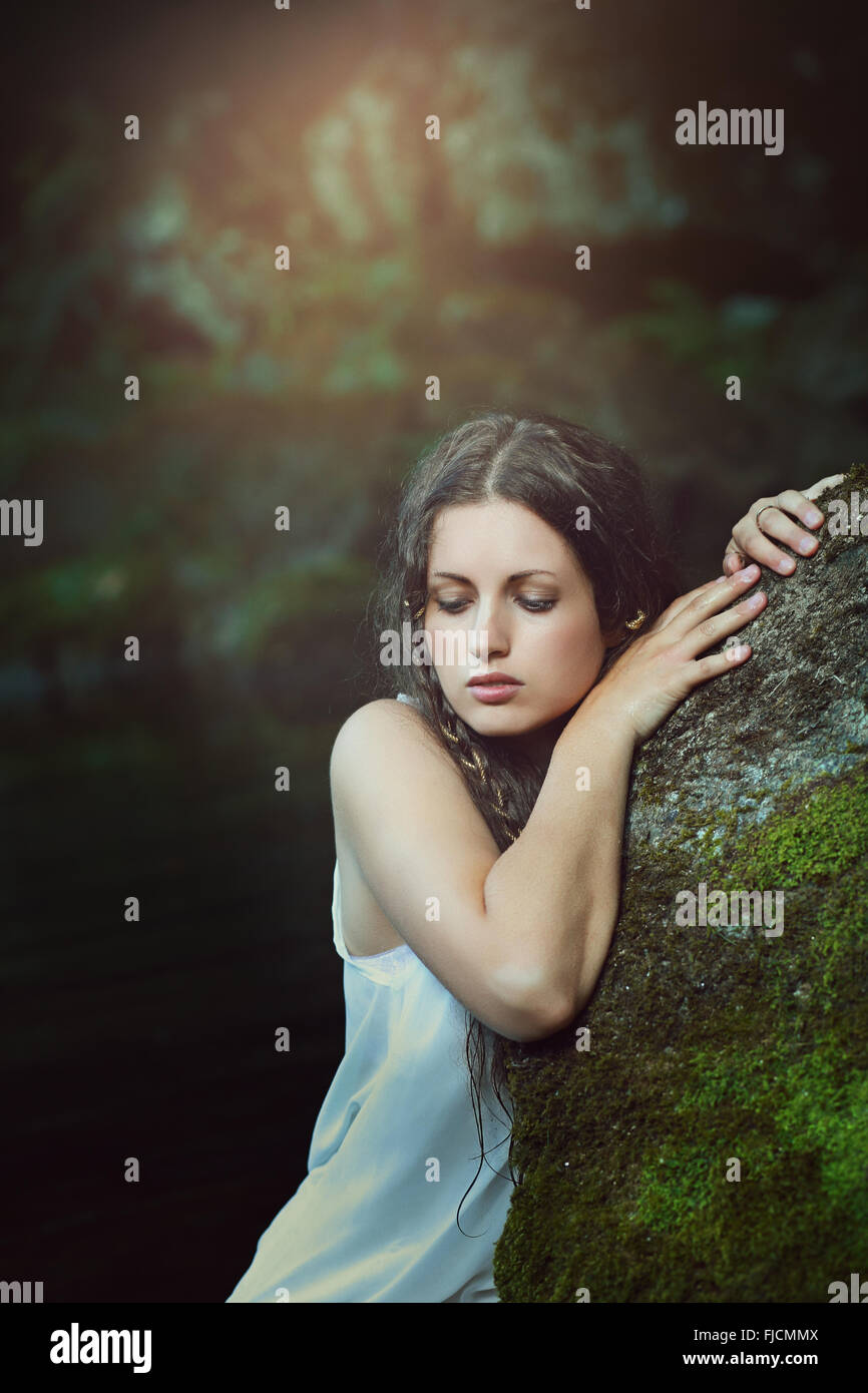 Forest Nymph Posing In A Green Pond Fantasy And Surreal Stock Photo