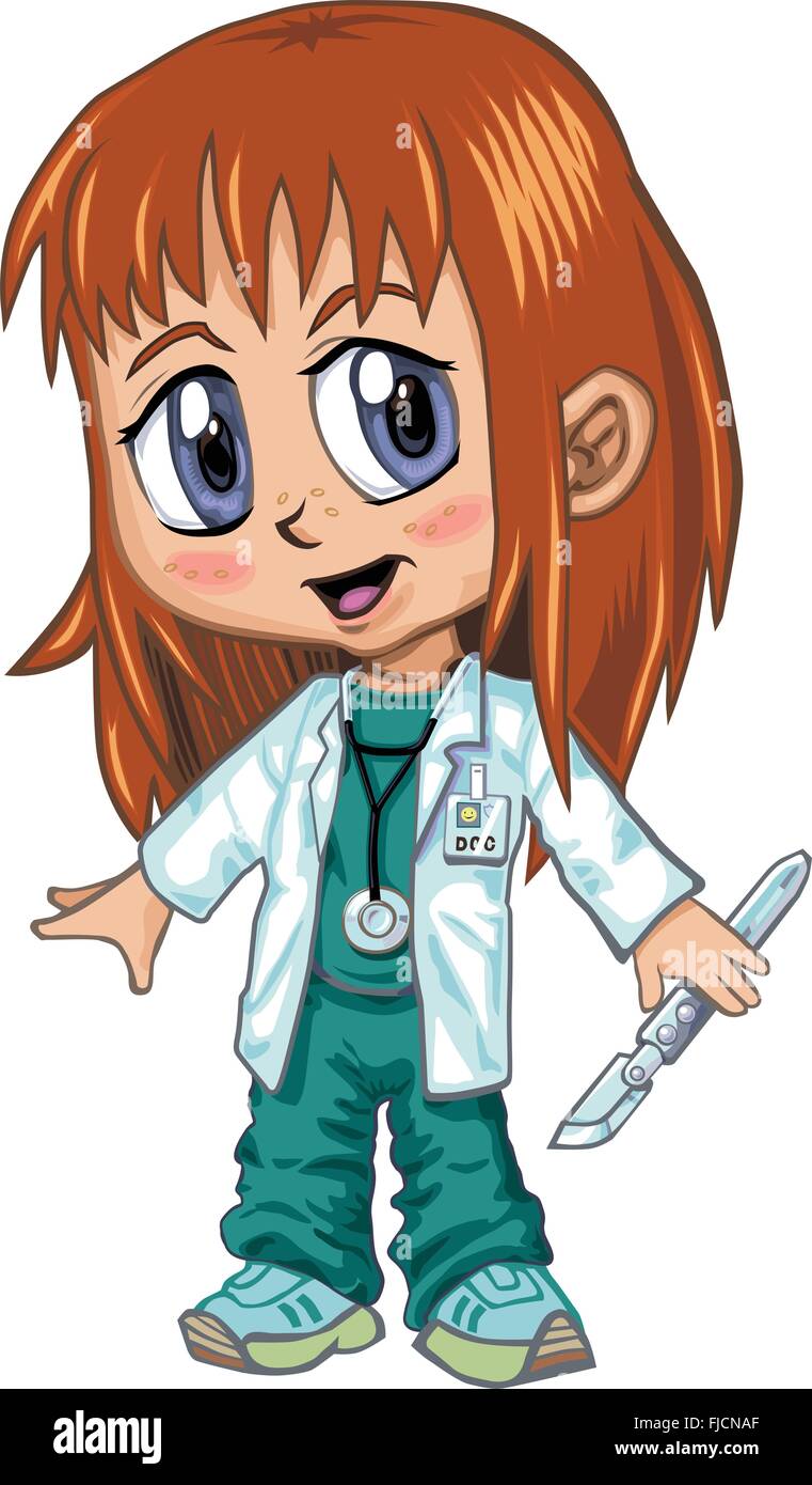 A red-haired girl wearing doctor's scrubs, drawn in an anime or manga style. She is in a 'paper doll' pose. Stock Vector