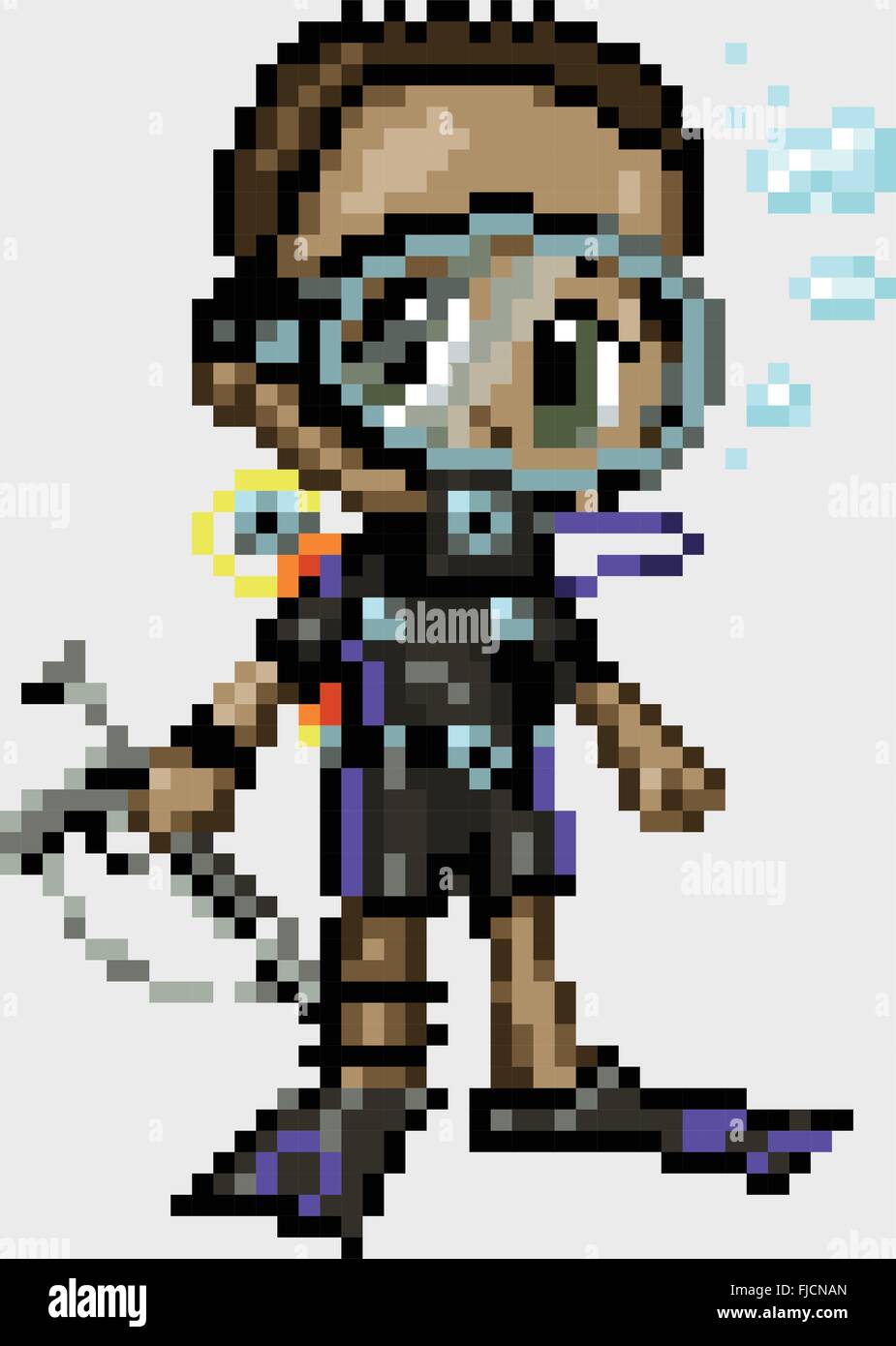 A scuba diver boy illustrated in an anime or manga style, rendered as pixel art (in vector art blocks). Stock Vector