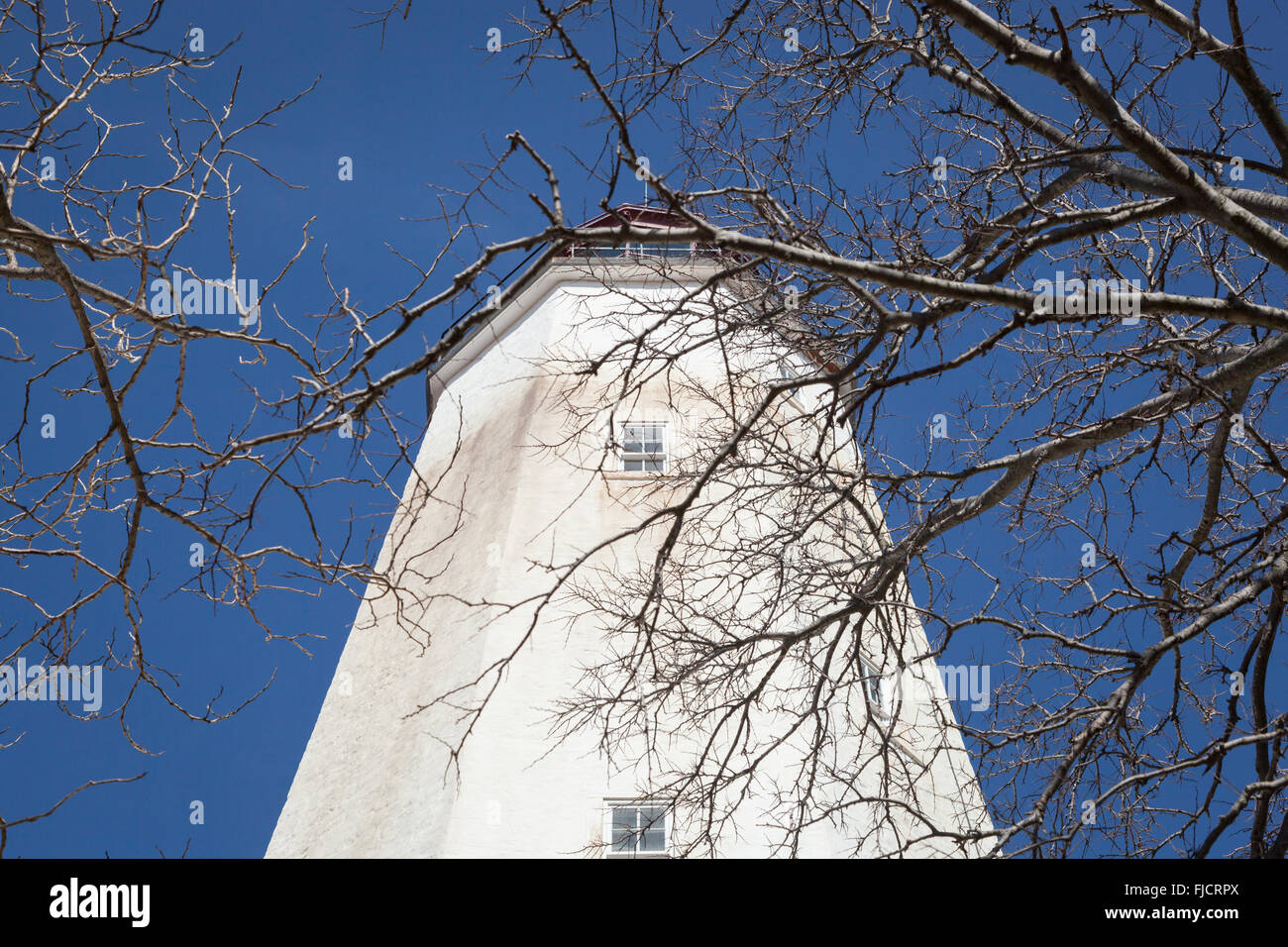 A view of the famous Sandy Hook Lighthouse at Fort Hancock in New Jersey. This is the oldest operating lighthouse in the United  Stock Photo