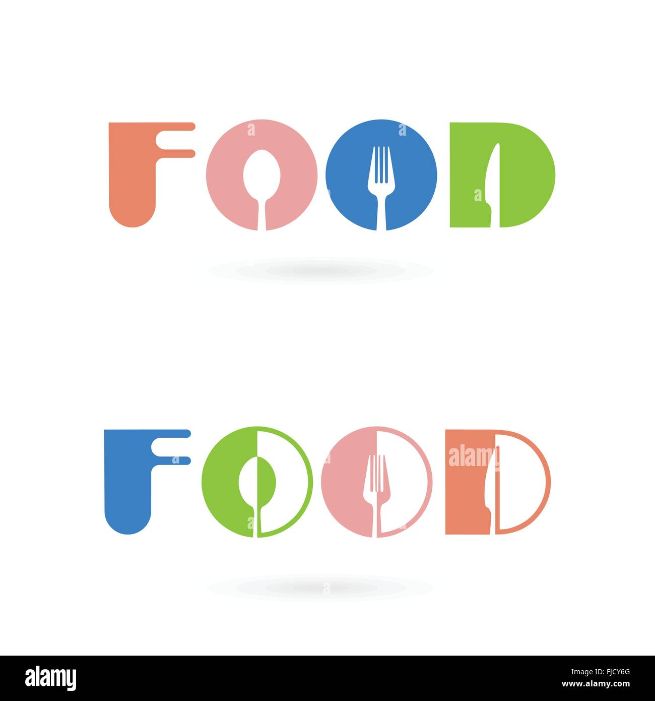 Creative food word logo elements design with spoon,knife and fork.Fast food logo,Food and drink concept.Vector illustration Stock Vector