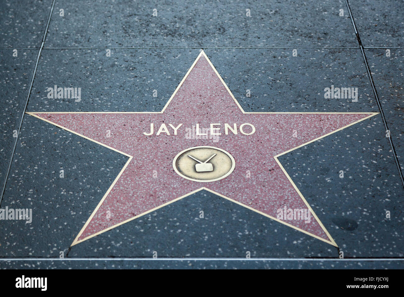 HOLLYWOOD, CALIFORNIA - February 8 2015: Jay Leno's Hollywood Walk of Fame star on February 8, 2015 in Hollywood, CA. Stock Photo