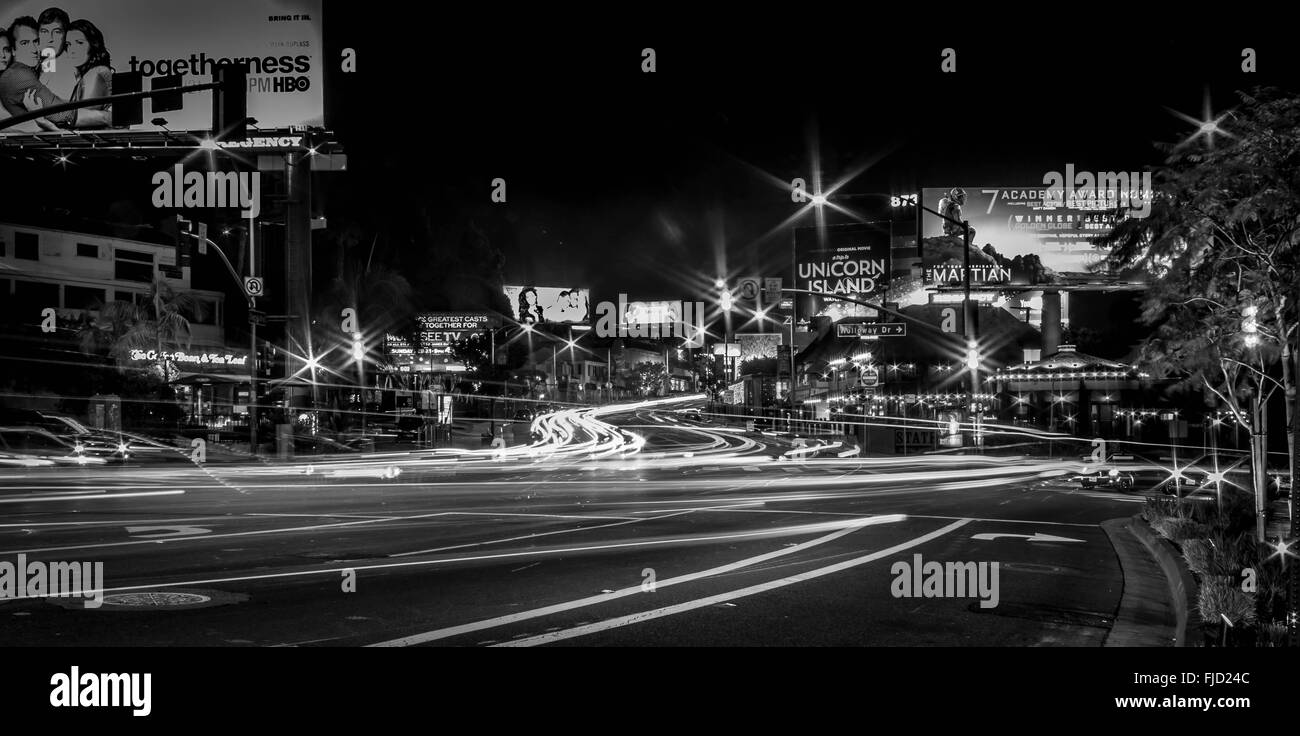 Sunset Strip - Night - Light Trails - Black & White Stock Photo