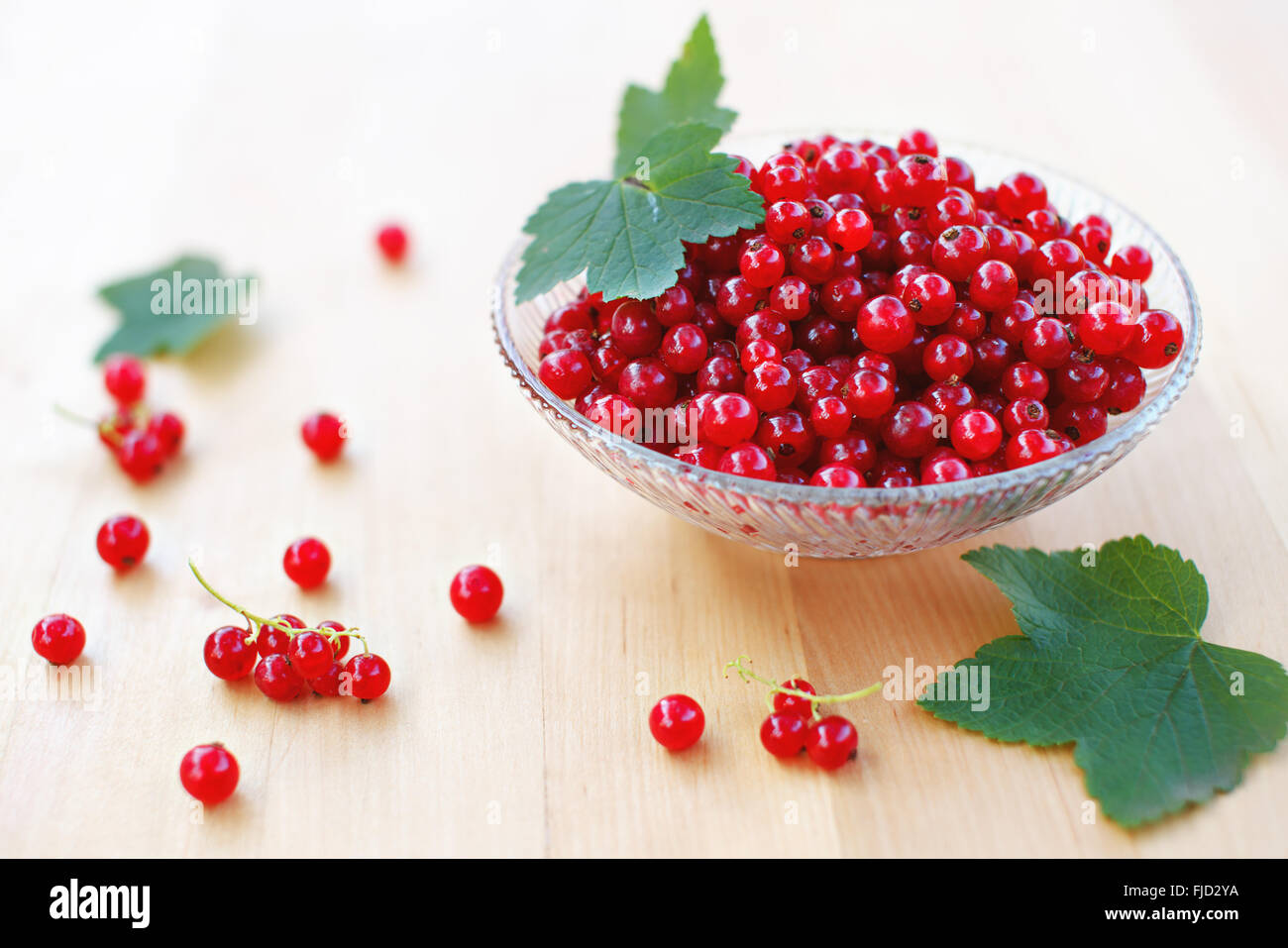 Red currant berries in glass bowl on wood table with green leaves Stock Photo