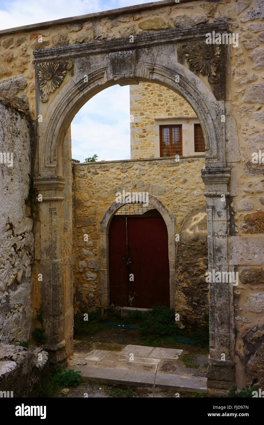 Entrance to Venetian palace, town Maroulas, island Crete, Greece Stock Photo