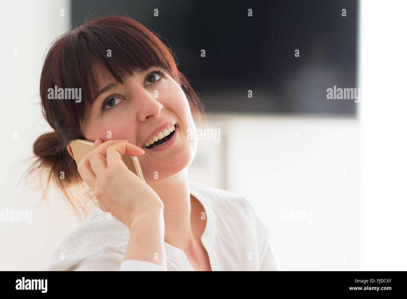 Woman in her home using mobile phone to communicate with her friends Stock Photo