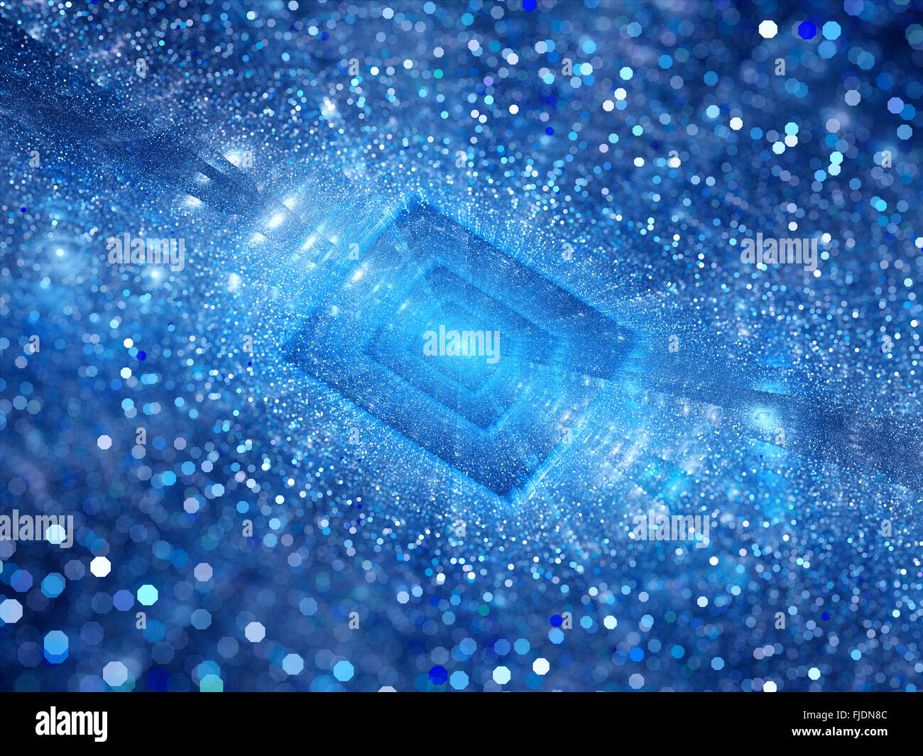 Blue glowing rectangle with particles, depth of field, computer generated abstract background Stock Photo