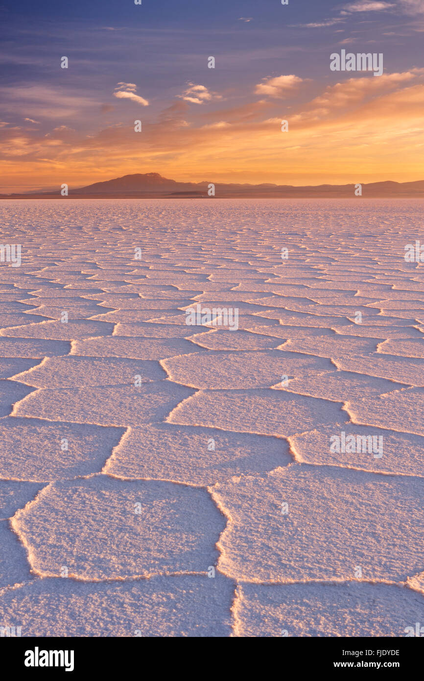 The world's largest salt flat, Salar de Uyuni in Bolivia, photographed at sunrise. Stock Photo