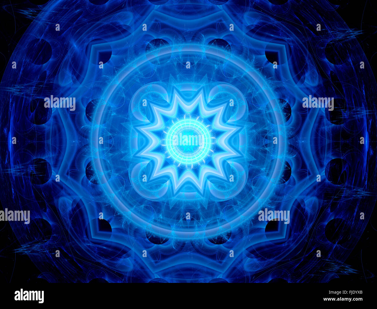 Blue glowing magical space mandala, computer generated abstract background Stock Photo