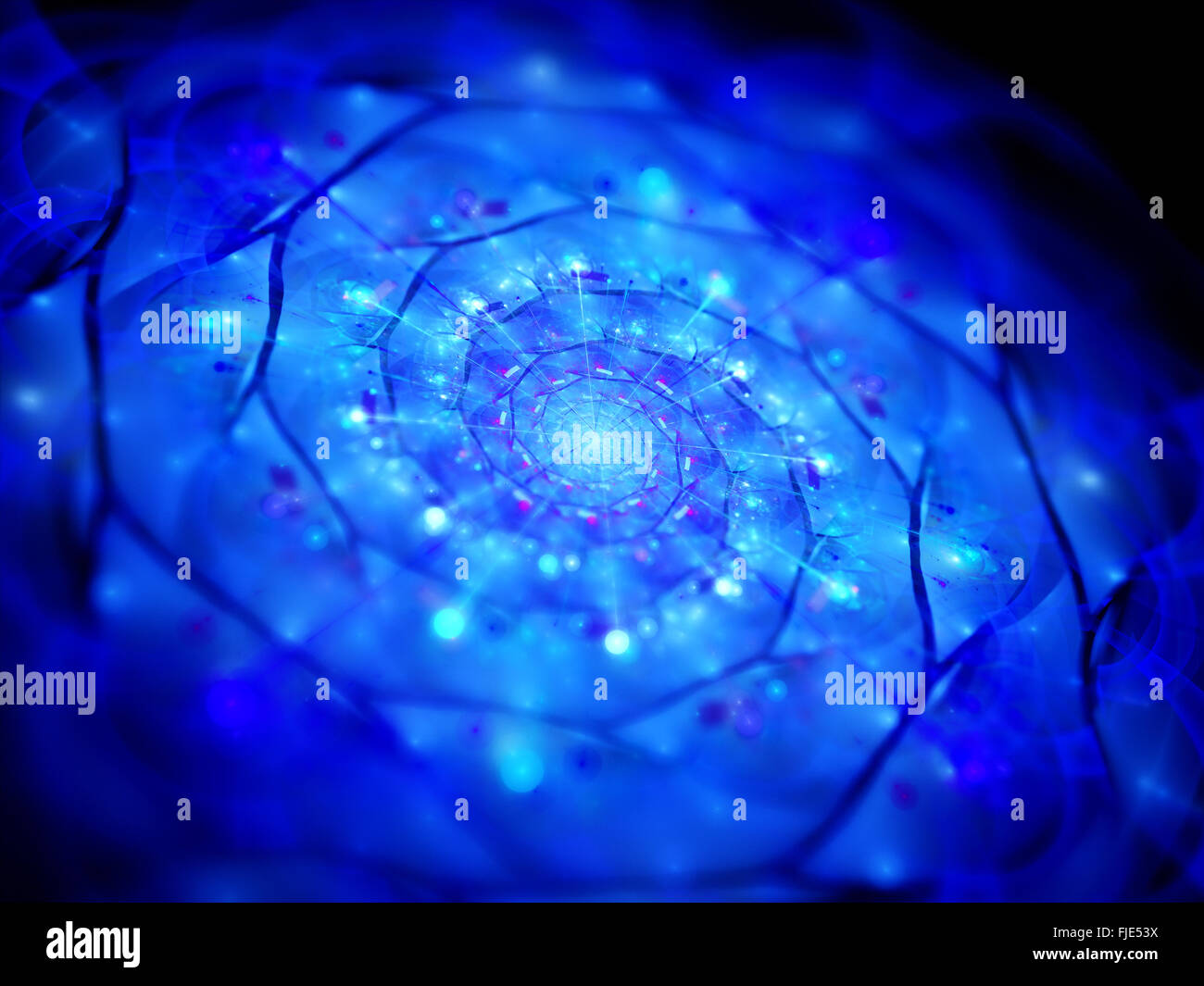 Blue glowing spiral technology with depth of field fractal, computer generated abstract background Stock Photo