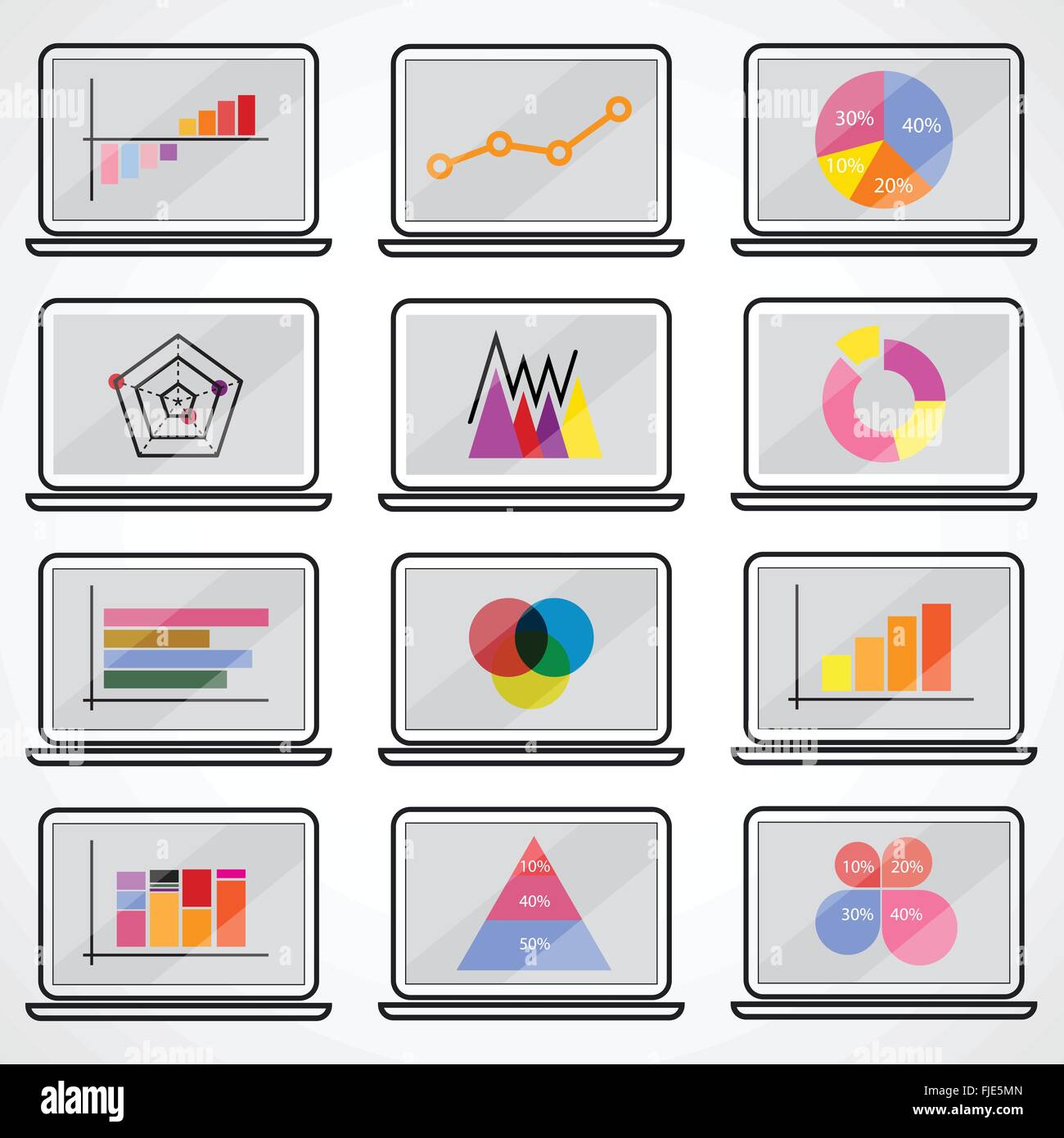 Business data market elements dot bar pie charts diagrams.Graphs flat icons set on notebook. Vector illustration. Stock Vector