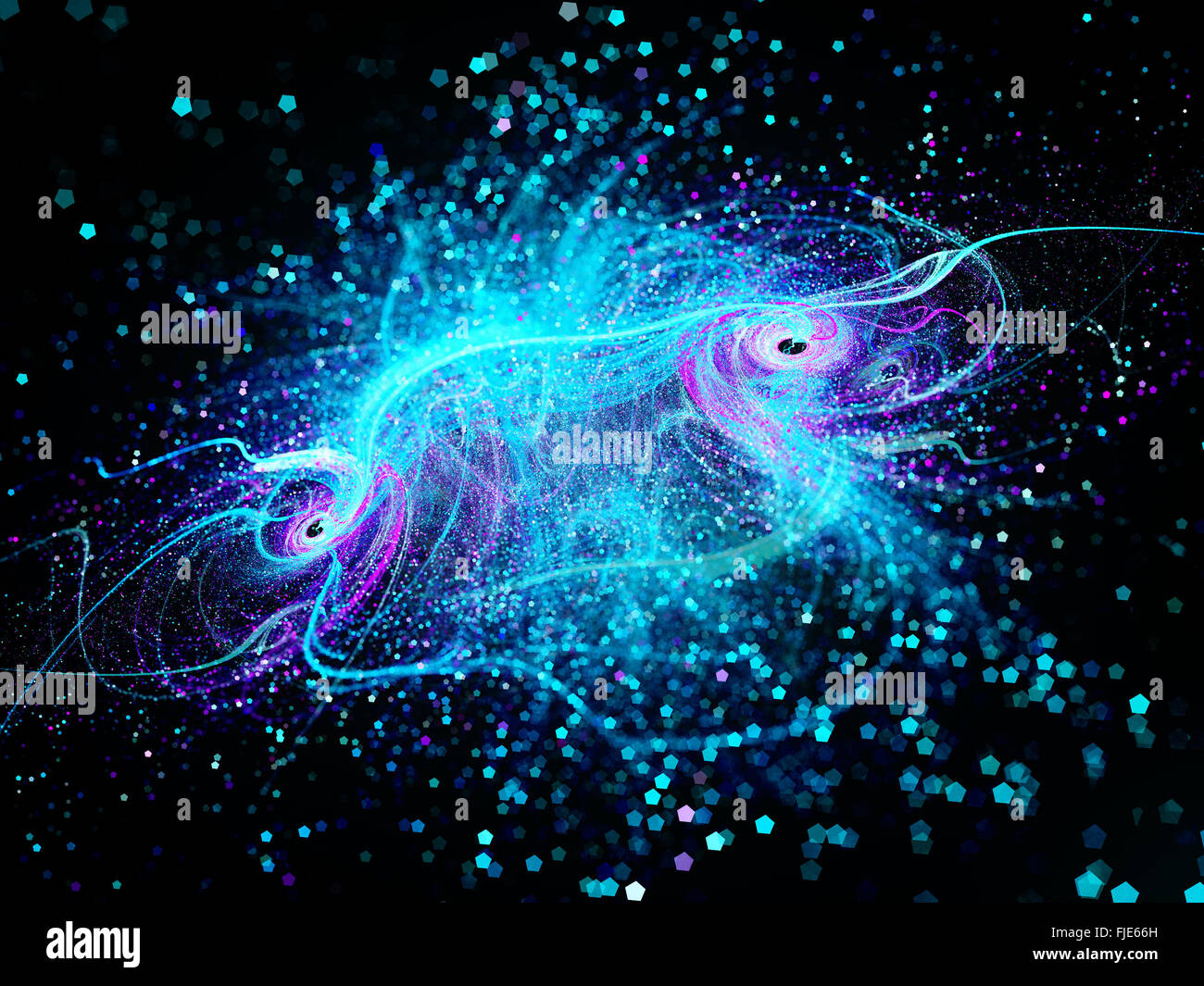 Glowing blue curves in space with particles, computer generated ...