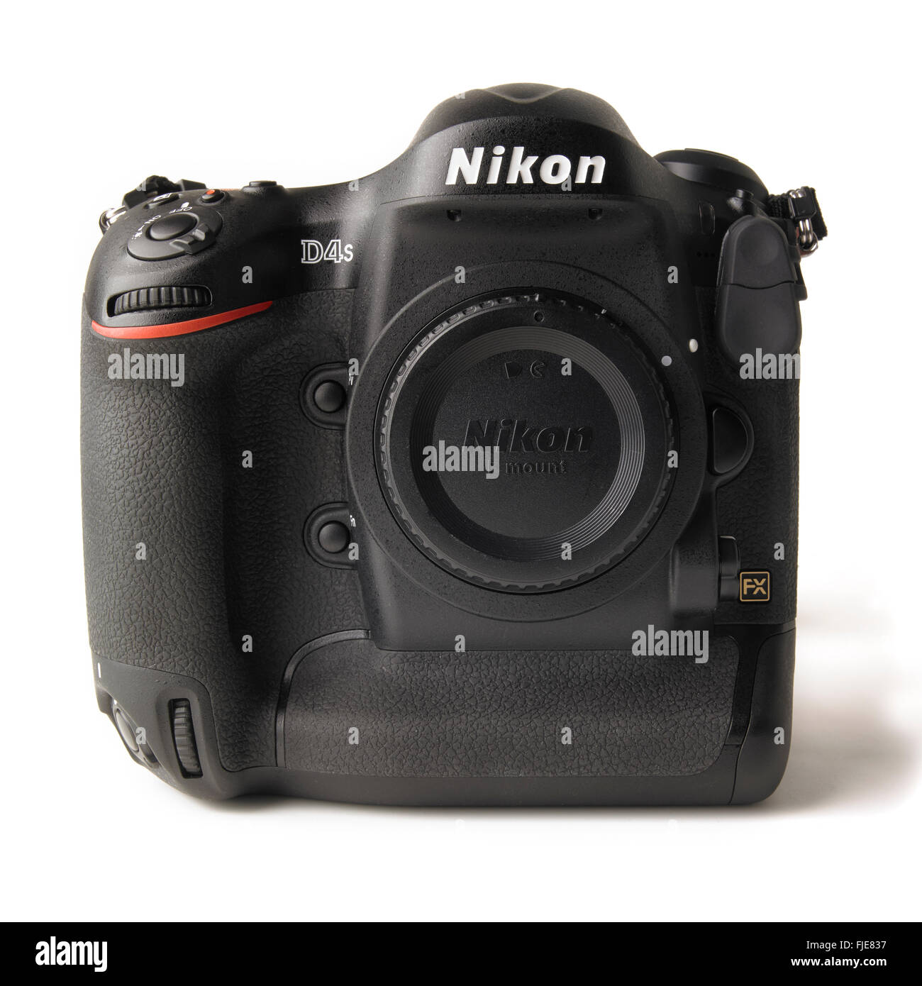 Nikon D4s dslr camera body on white background, Nikon’s flagship camera when introduced in 2014. Stock Photo