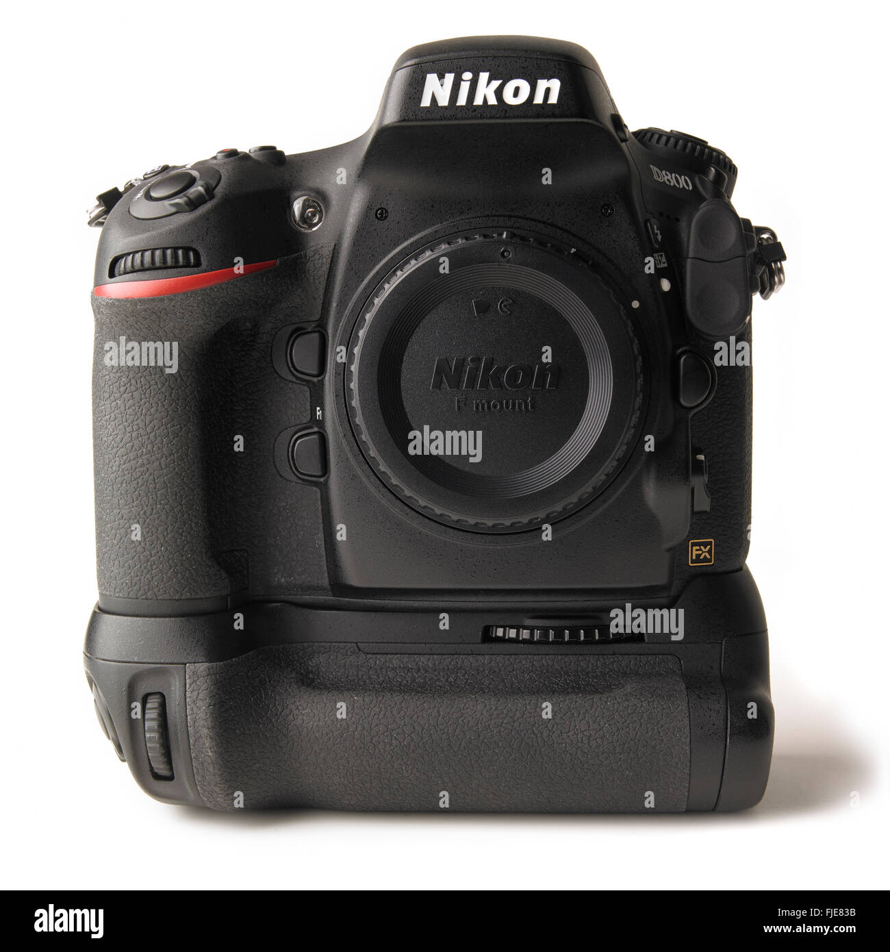 Nikon D800 dslr camera body on white background, Nikon’s 36.3 CMOS sensor camera introduced in 2012. Stock Photo