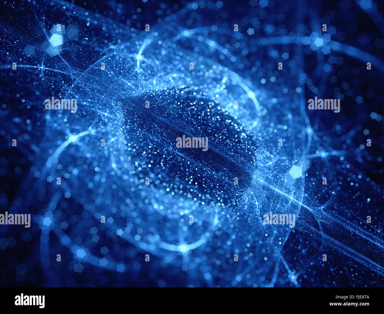 Blue glowing particles in space, depth of field, computer generated abstract background Stock Photo