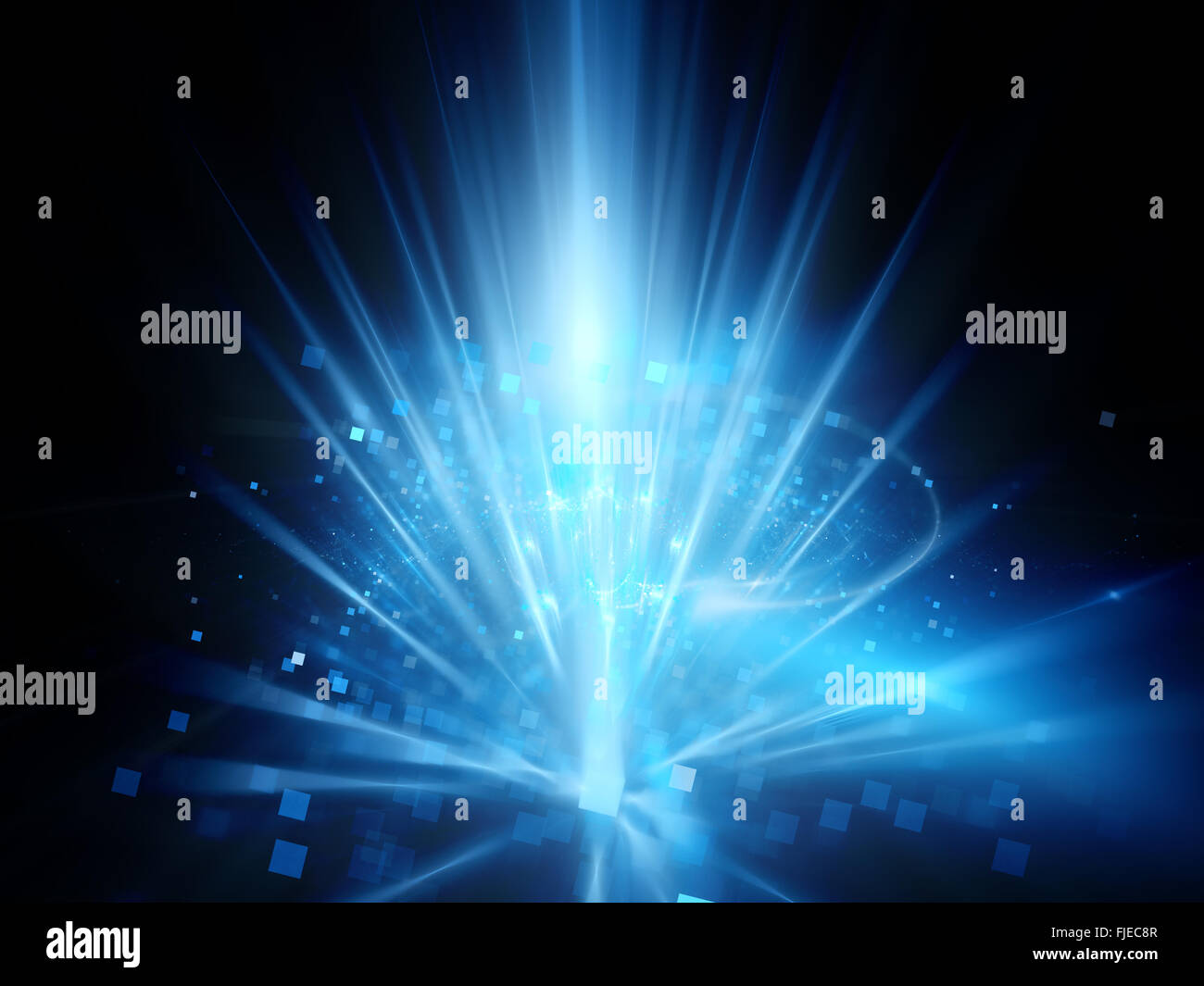 Blue glowing new technology background with rays and particles, computer generated abstract background Stock Photo