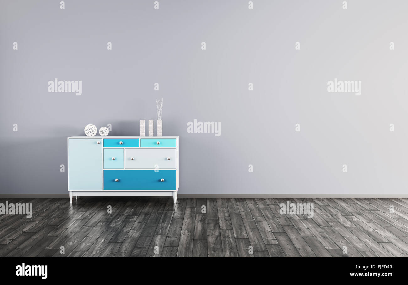Interior of a room with cabinet against of blue wall 3d render Stock Photo