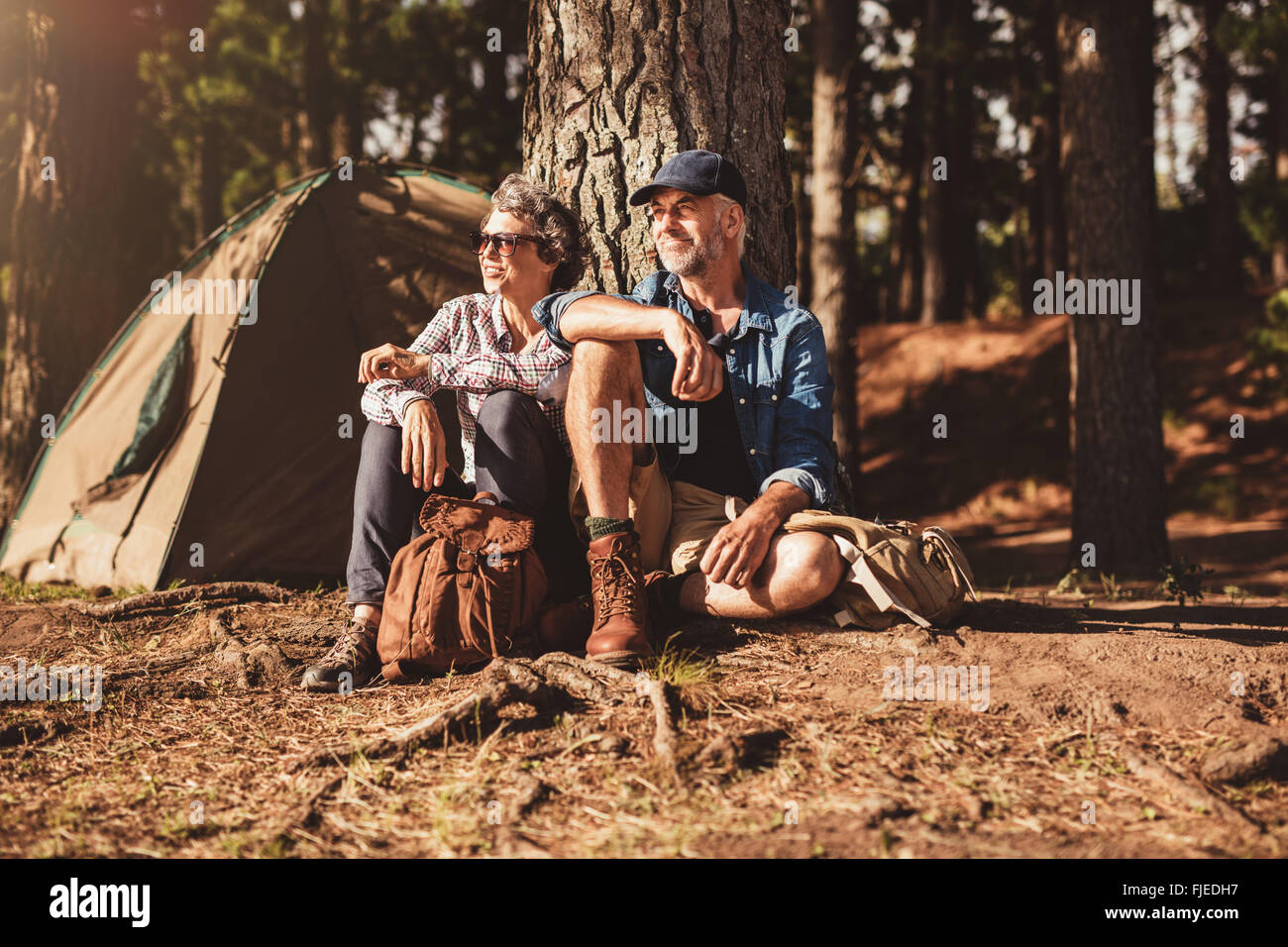 Portrait of senior couple sitting together under a tree in forest and looking at a view. Mature man and woman relaxing at their Stock Photo