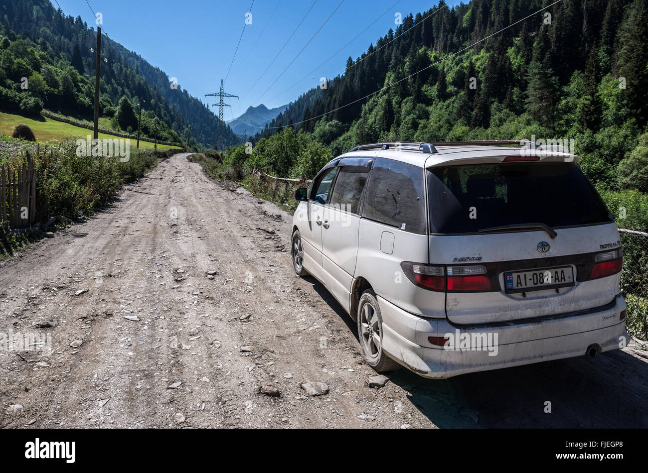 On the road from Mestia town to Ushguli villages community at end of Enguri gorge, Upper Svaneti, Georgia Stock Photo